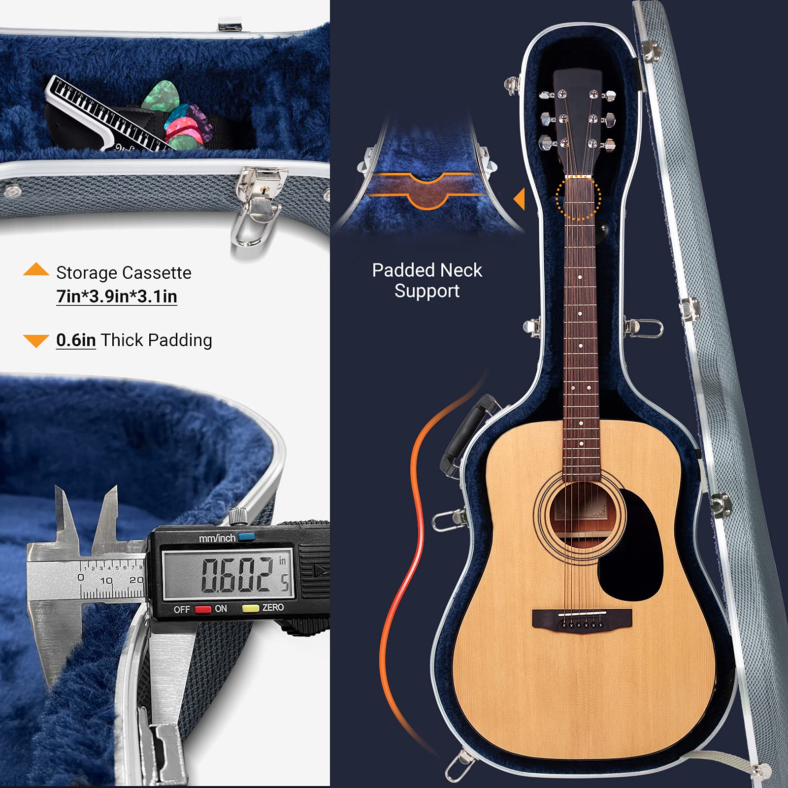 Cahaya 41 Inch Hard Acoustic Guitar Case Abs Waterproof Guitar Bag 0.6 Inch Thick Padding For Acoustic Classical Guitars, Black