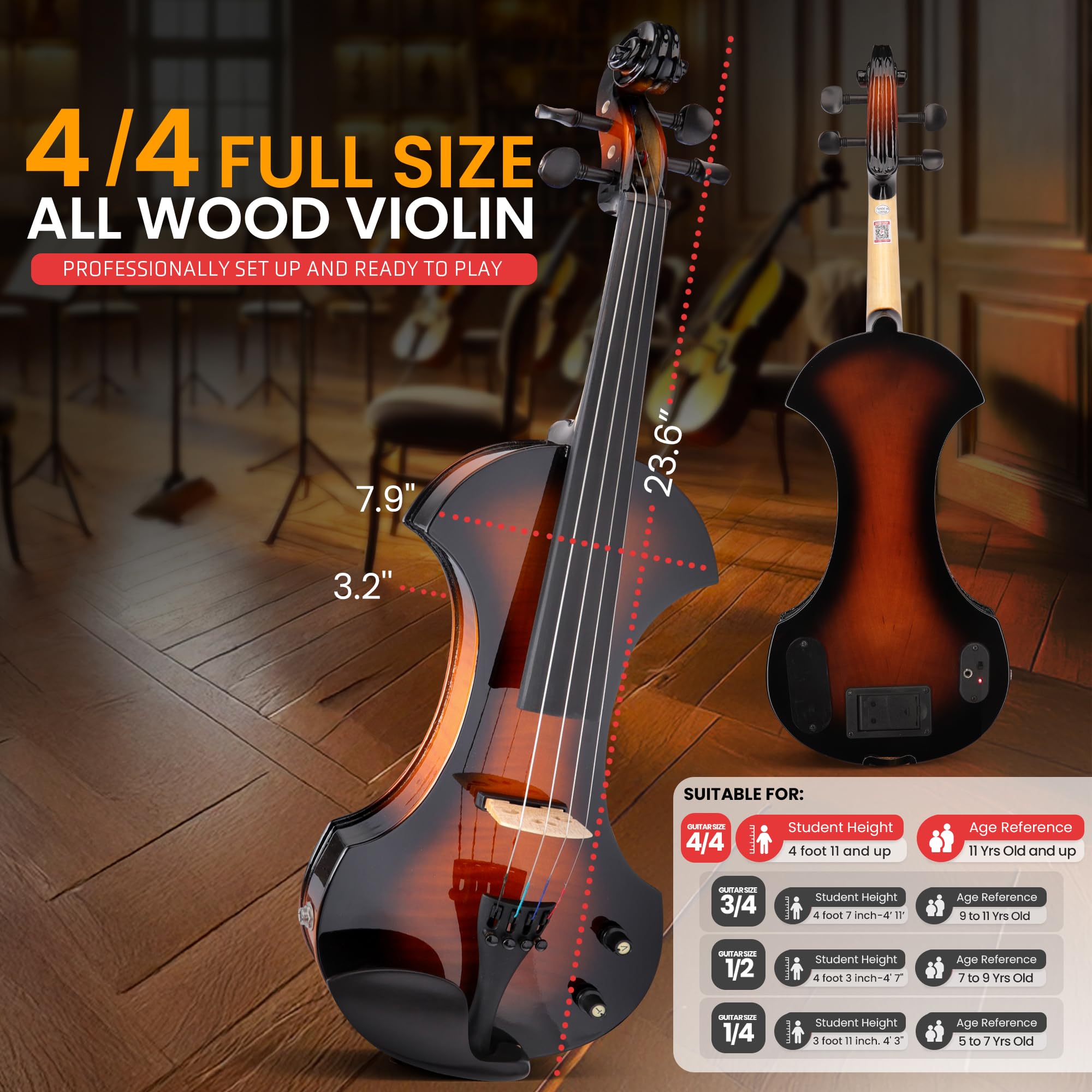 Pyle 4/4 Silent Electric Violin With Amplifier Kit, Solid Wood Fiddle With 10W Amp And Complete Accessories, Full Size Orchestra