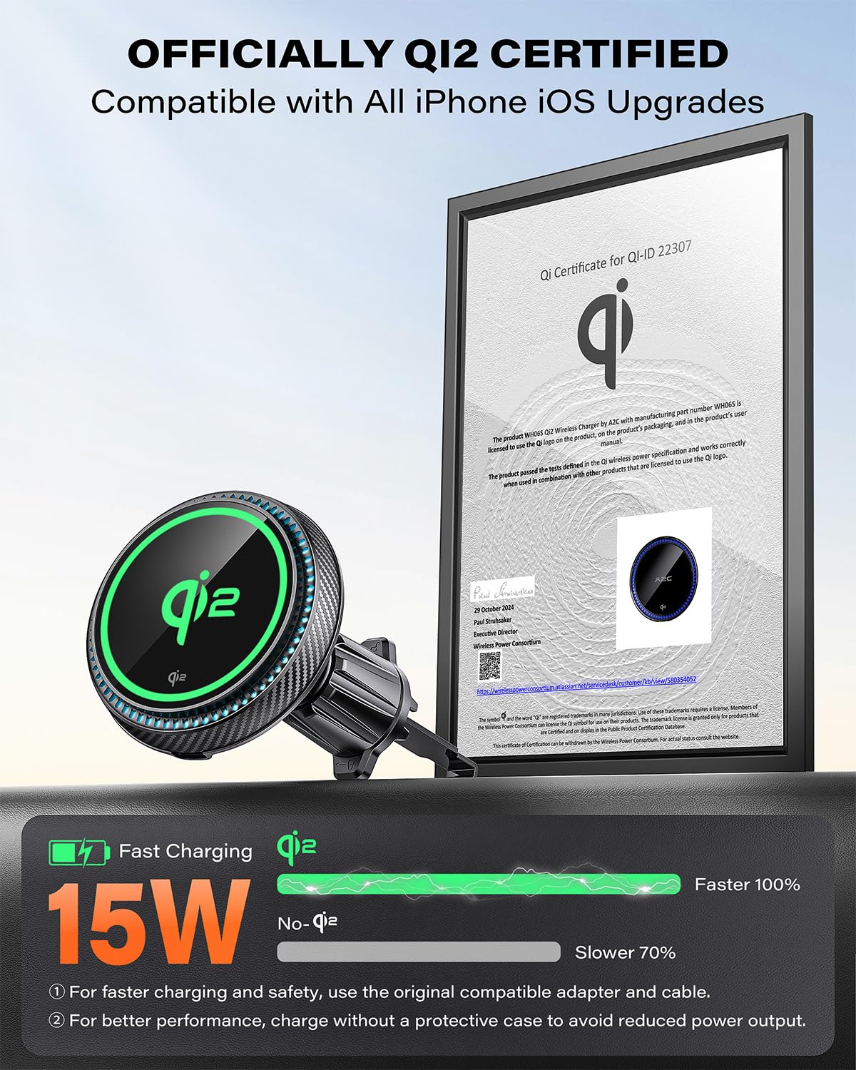 Apps2Car For Qi2 15W Magsafe Car Mount Charger, Qi2-Certified Magsafe Car Charger, Air Vent/Dashboard Magnetic Phone Holder Car