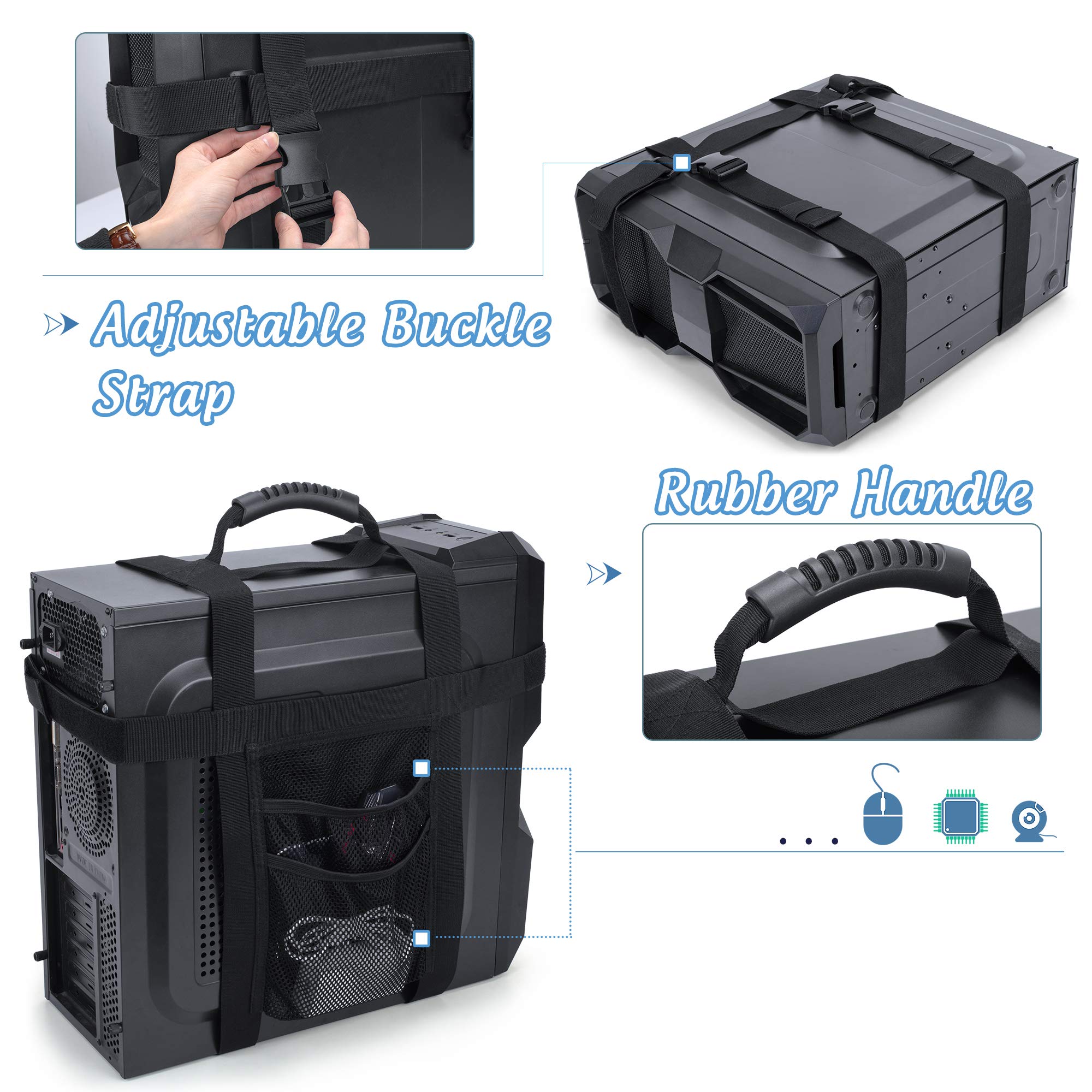Trunab Pc Tower Carrying Strap With Rubber Handle, Desktop Carrying Case Belt Computer Travel Holder With Pockets For Cable, Mou