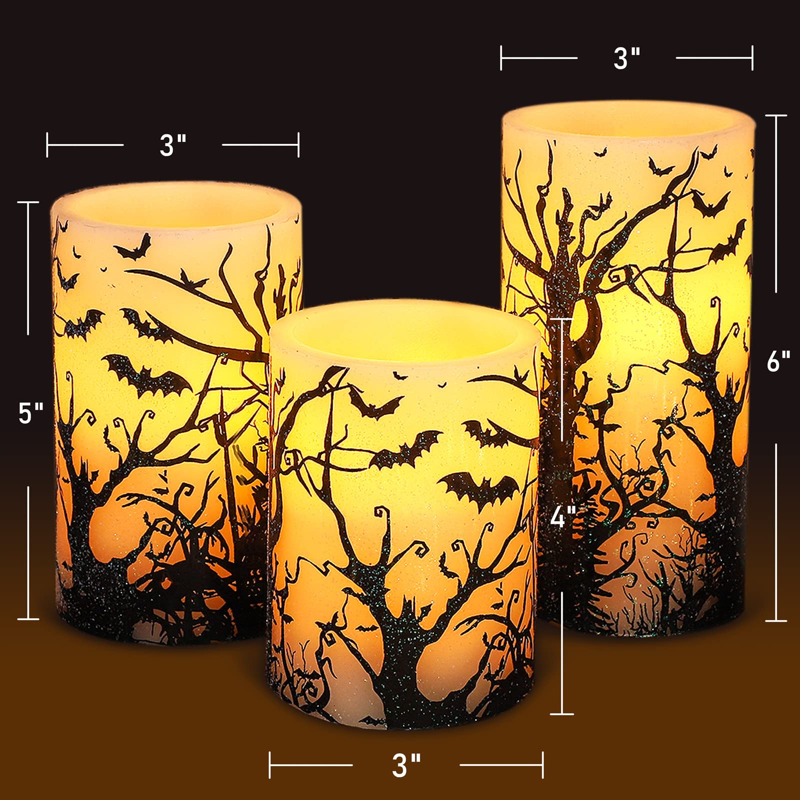 Flavcharm Halloween Decor Flameless Candles Set Of 3 Black Spooky Bats Decal Flickering Candles Battery Operated With Remote Rea