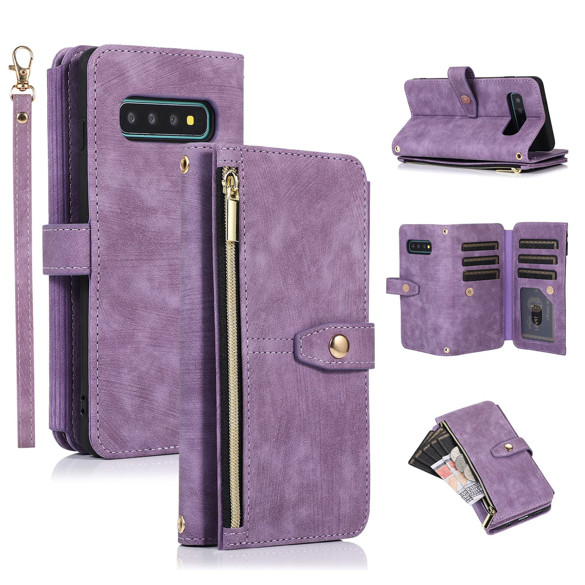 Ueebai Case For Samsung Galaxy S10, 9 Card Slots Retro Leather Wallet Shockproof Flip Cover With Hand Strap Card Slots Zipper Po