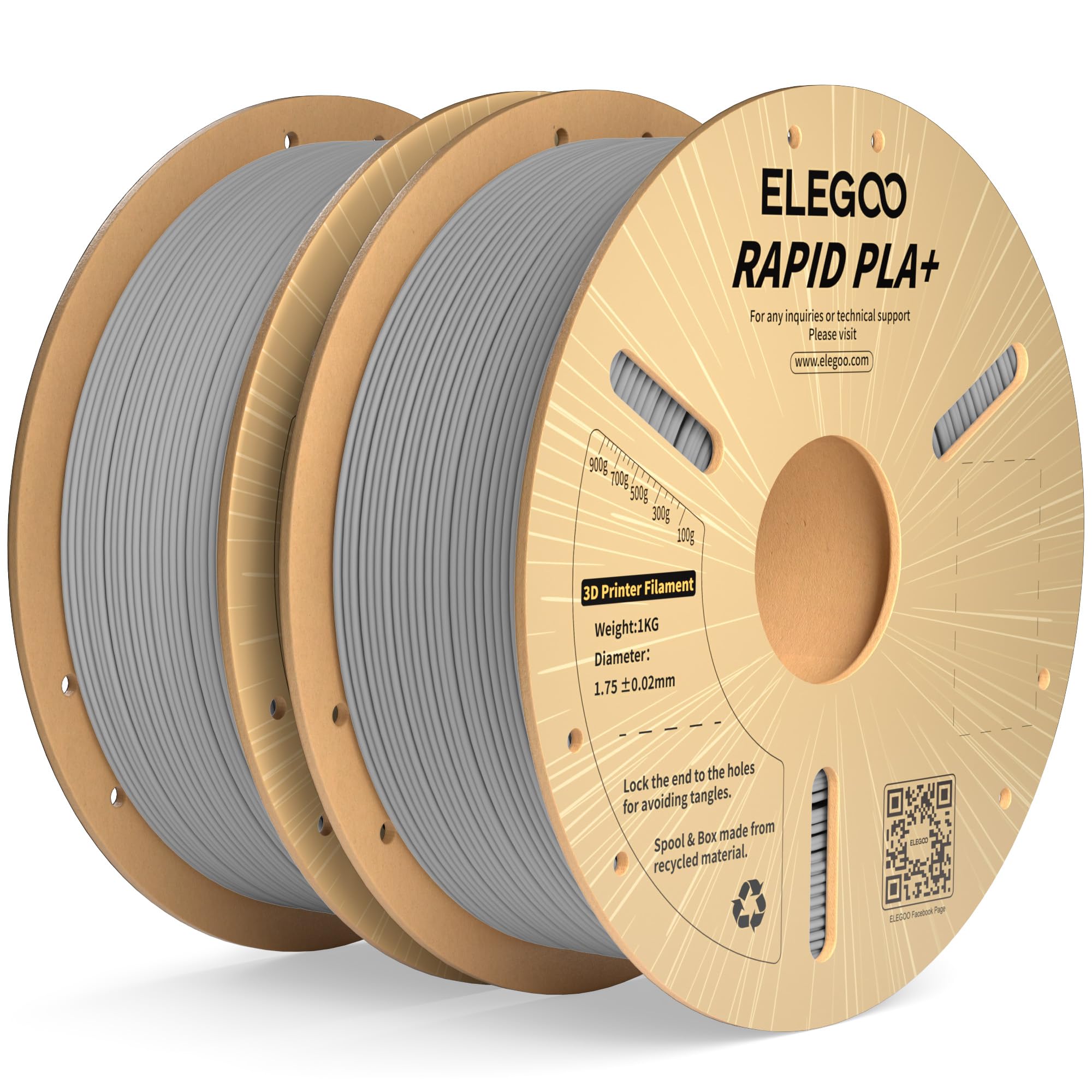 ELEGOO Rapid PLA Plus Filament 1.75mm Gray 2KG, PLA+ 3D Printer Filament for 600 mm/s High Speed Printing, Dimensional Accuracy 
