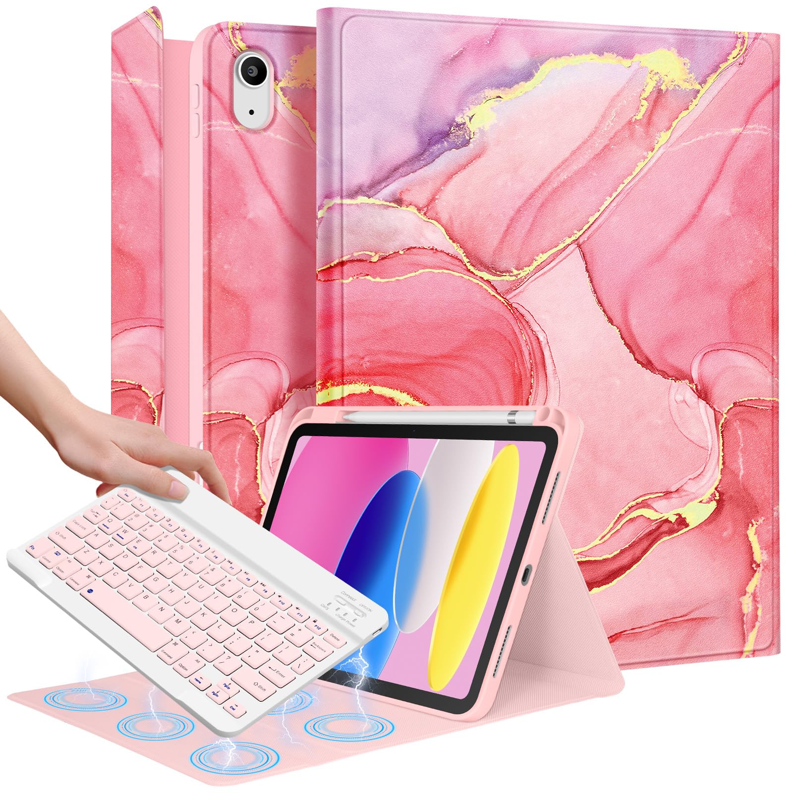 Wazzasoft for iPad 10th Generation Case with Keyboard Pencil Holder 10.9 Inch Folio Tablet Cover Women Girls Cute Girly Teens Ka