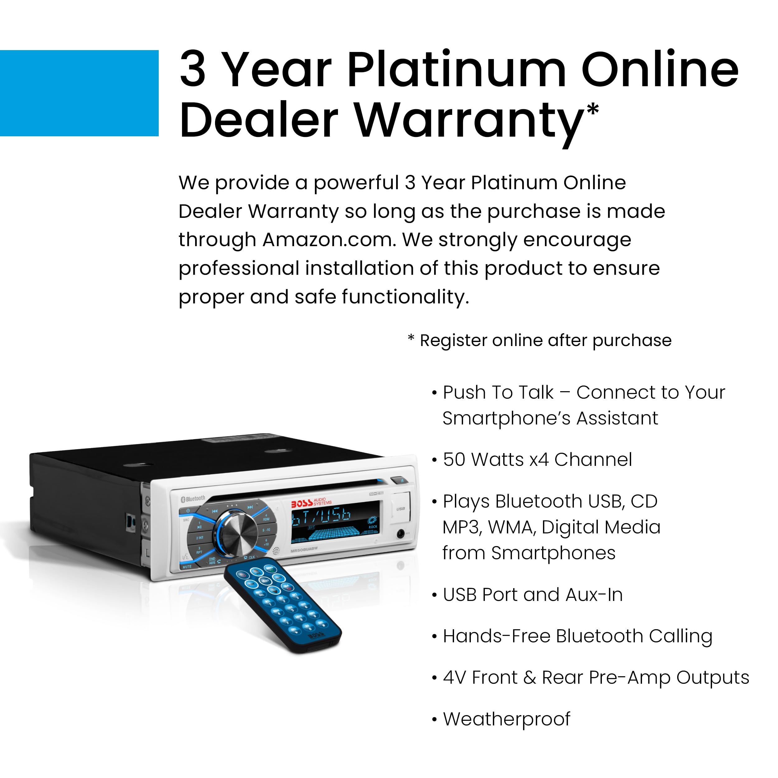 Boss Audio Systems Mr508Uabw Marine Boat Stereo   Single Din, Bluetooth Audio And Calling Head Unit, Am/Fm Radio Receiver, Cd Pl