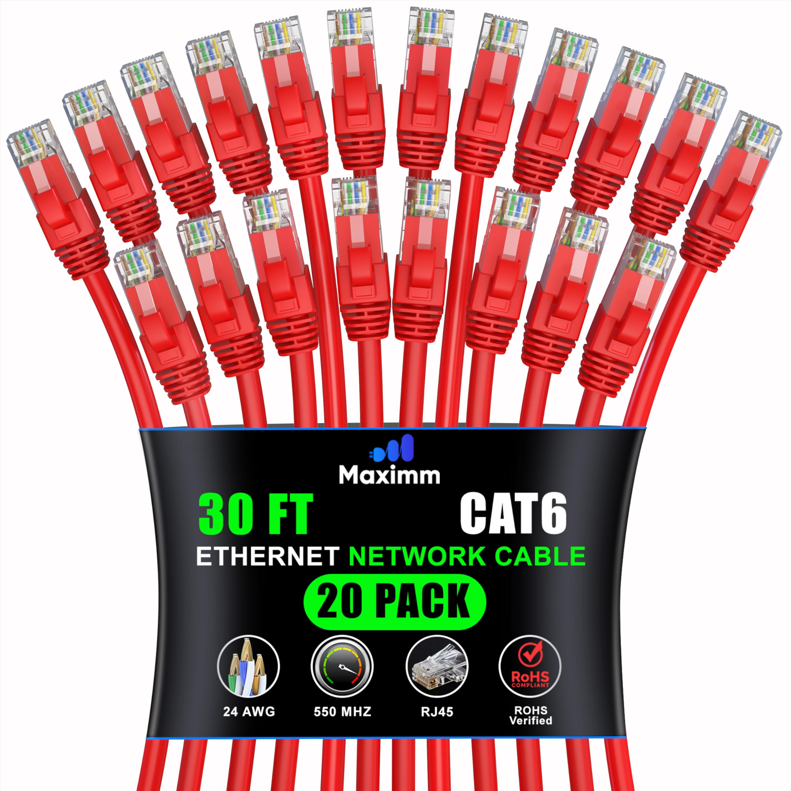 Maximm Cat 6 Ethernet Cable 30 Ft (20 Pack)   High Speed Lan Cable, Internet Cable, Patch Cable, And Network Cable   Utp, 10Gbps, 550Mhz Ethernet Cord   Red