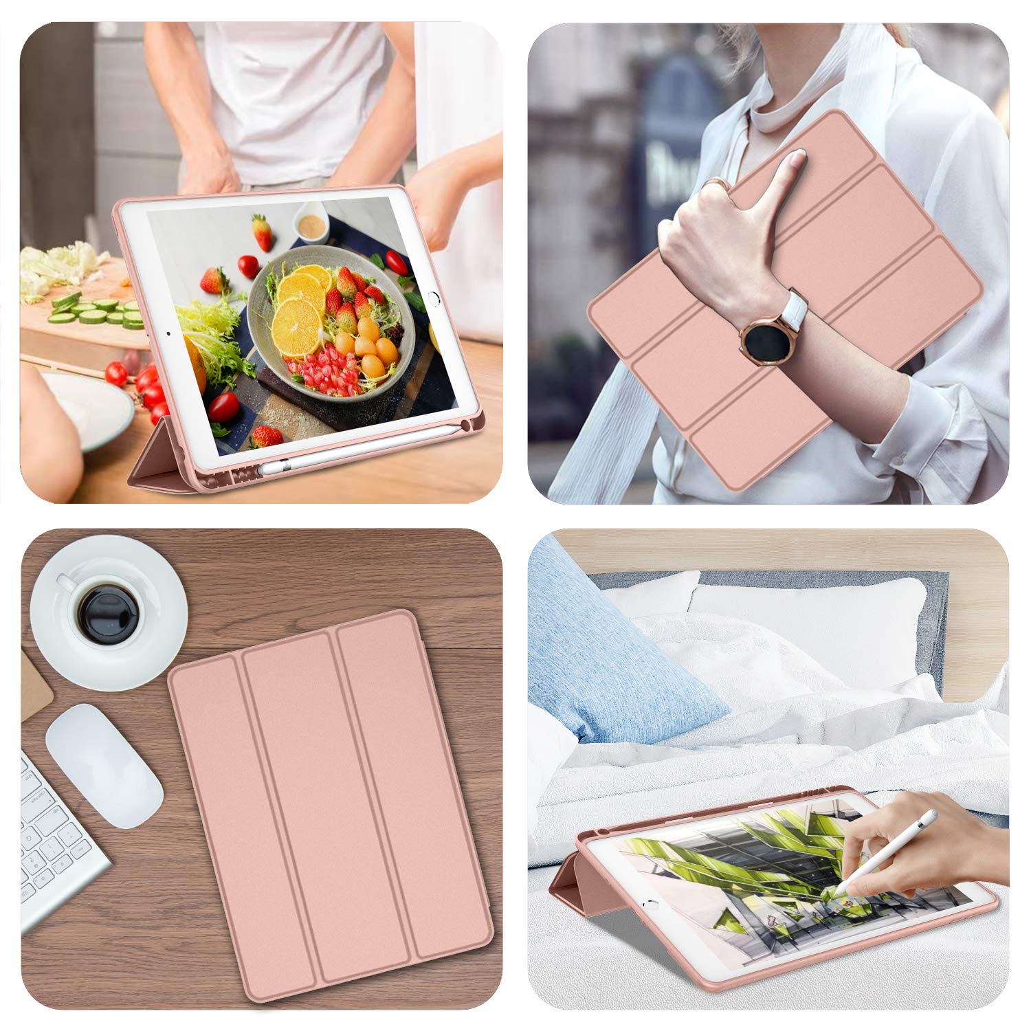 Imieet Ipad 9Th Generation Case 2021/Ipad 8Th Generation Case 2020 10.2 Inch With Pencil Holder, Ipad 7Th Gen 2019 Case With Soft Baby Skin Silicone Back, Auto Wake/Sleep Cover (Rose Gold)