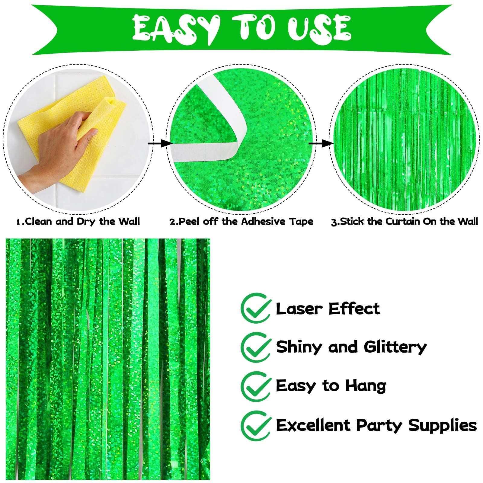 Green Tinsel Foil Fringe Curtain Backdrop, 3.3 X 8.2 Ft Metallic Glitter Curtain Streamers, 2 Pack Green Photoboth For Birthday