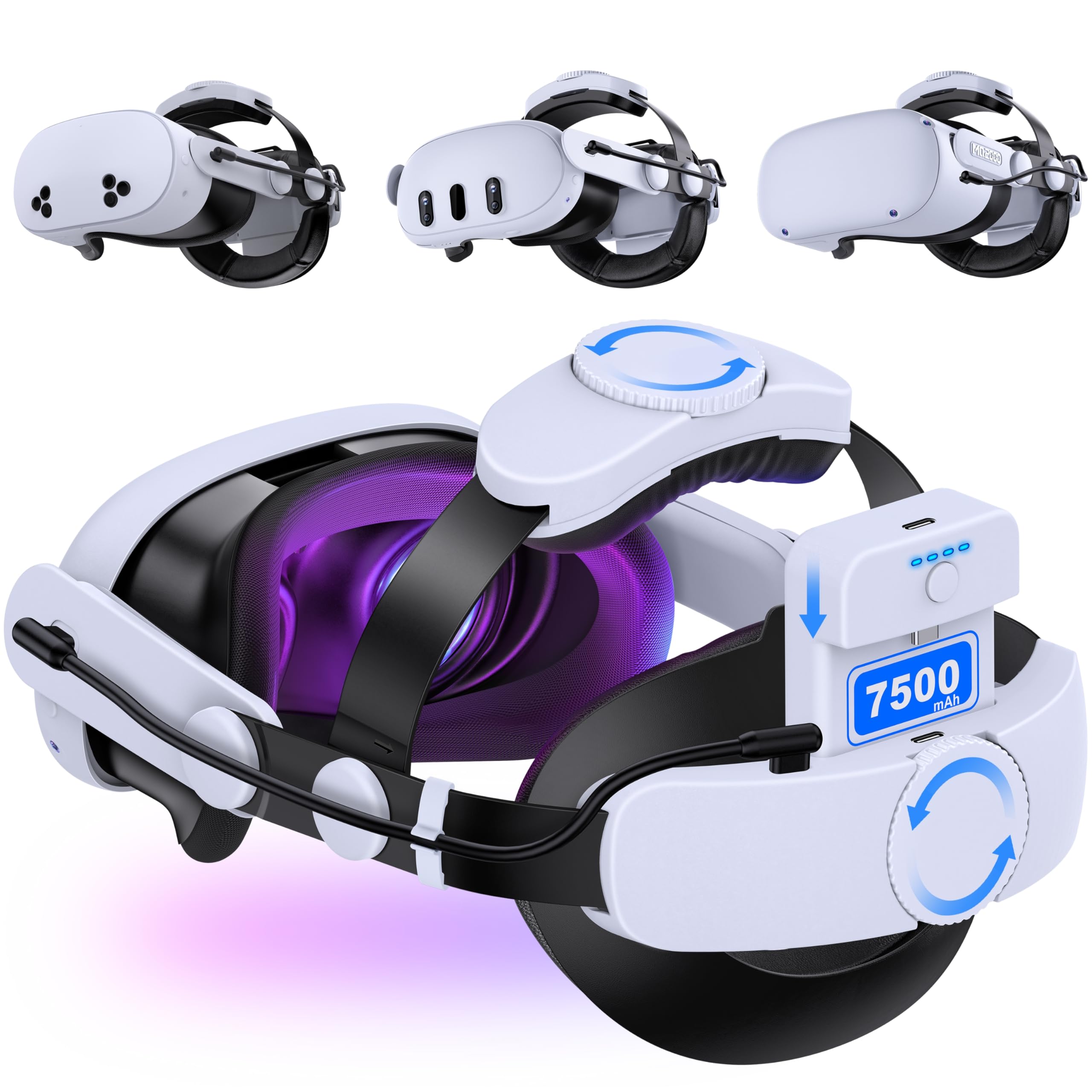 Kawaye Battery Head Strap 7500Mah For Meta Quest 3/3S/Quest 2,Double Knobs Adjustable Elite Strap With Detachable Battery Pack,V