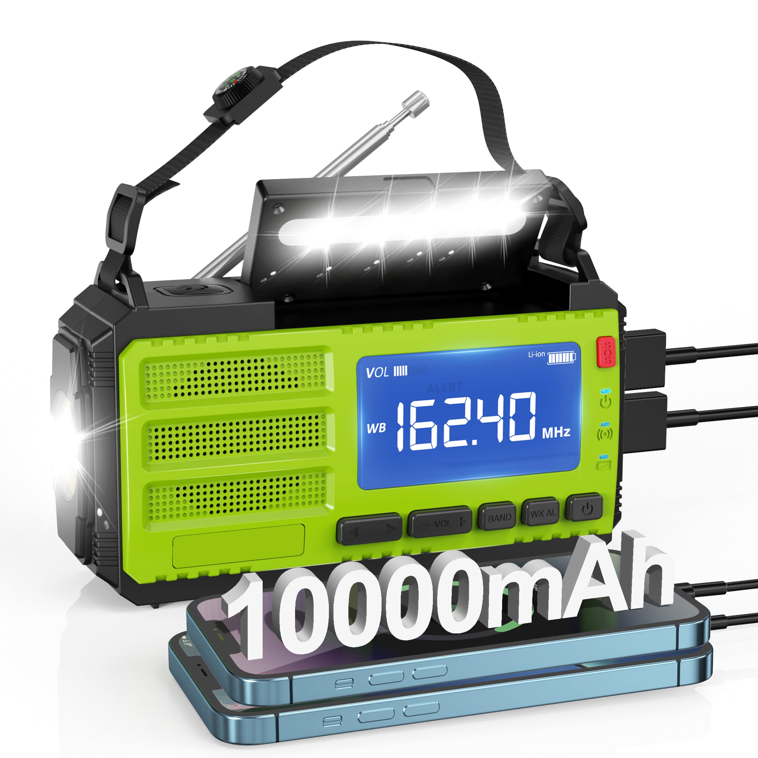 10000Mah Hand Crank Emergency Radio, Am Fm Noaa Weather Alert Radio, Portable Solar Radio, 3 Charging Methods, 3 Mode Flashlight