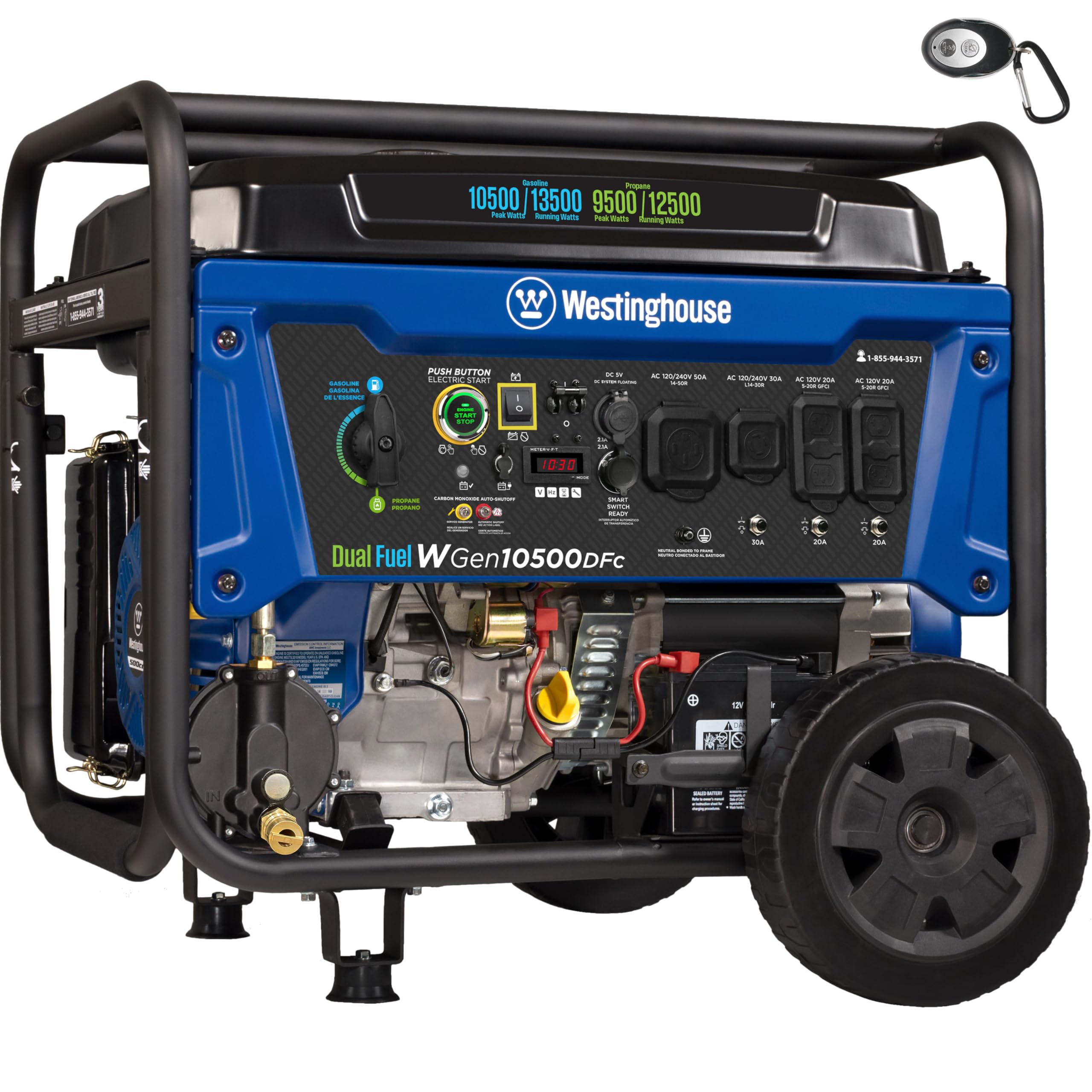 Westinghouse 13500 Peak Watt Dual Fuel Home Backup Portable Generator, Remote Electric Start, Transfer Switch Ready, Gas and Pro