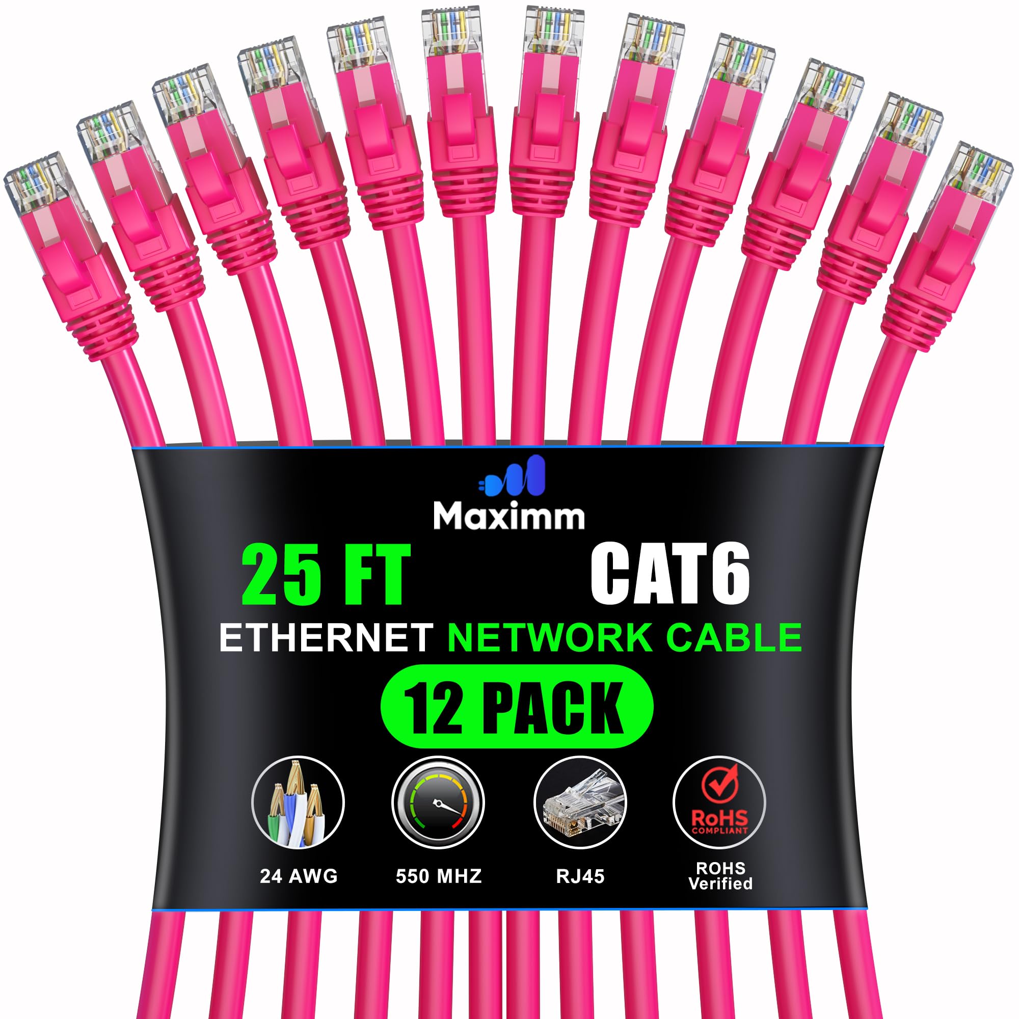 Maximm Cat 6 Ethernet Cable 25 Ft (12 Pack)   High Speed Lan Cable, Internet Cable, Patch Cable, And Network Cable   Utp, 10Gbps, 550Mhz Ethernet Cord   Pink