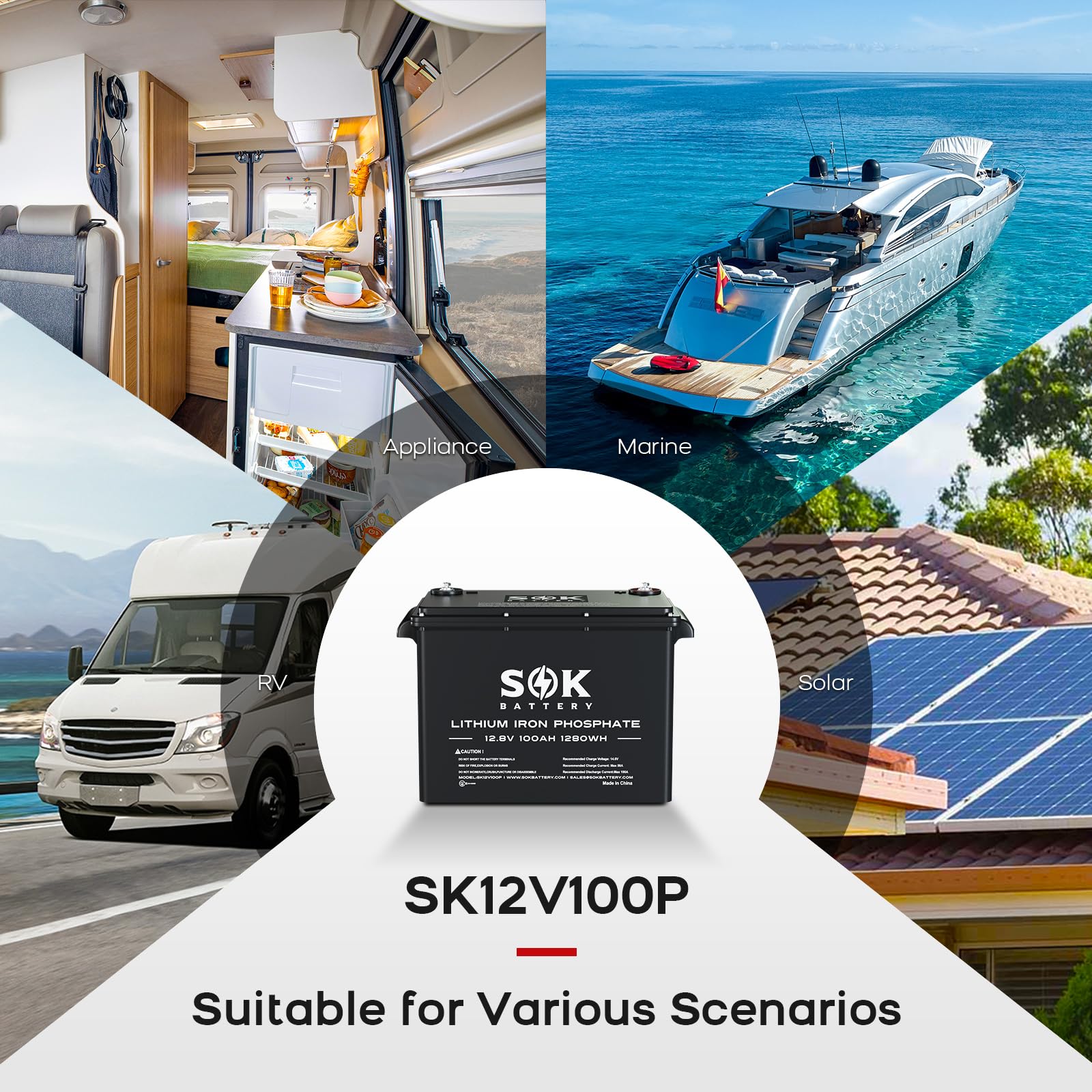 Sok Lifepo4 Battery 12V 100Ah Lithium Battery, Sk12V100P 4000~8000 Cycles V8 Version Bluetooth Bms, Battery Cells Balance Functi
