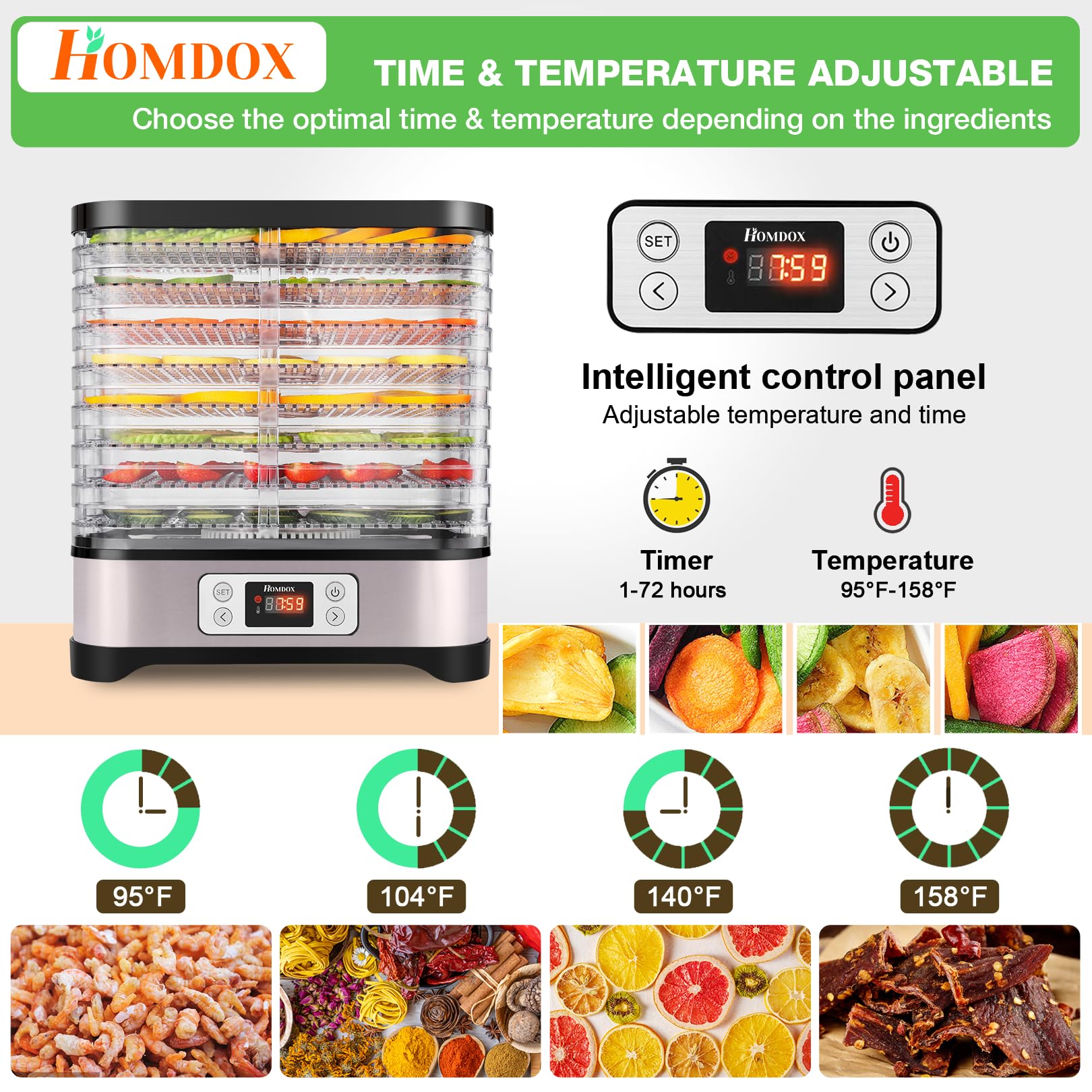Homdox Food Dehydrator, 8 Bpa Free Trays Dehydrator For Food And Jerky With 72H Timer And Temperature Control, 400W Dehydrator For Fruit, Herbs, And Dog Treats, Fruit Roll Sheet Included