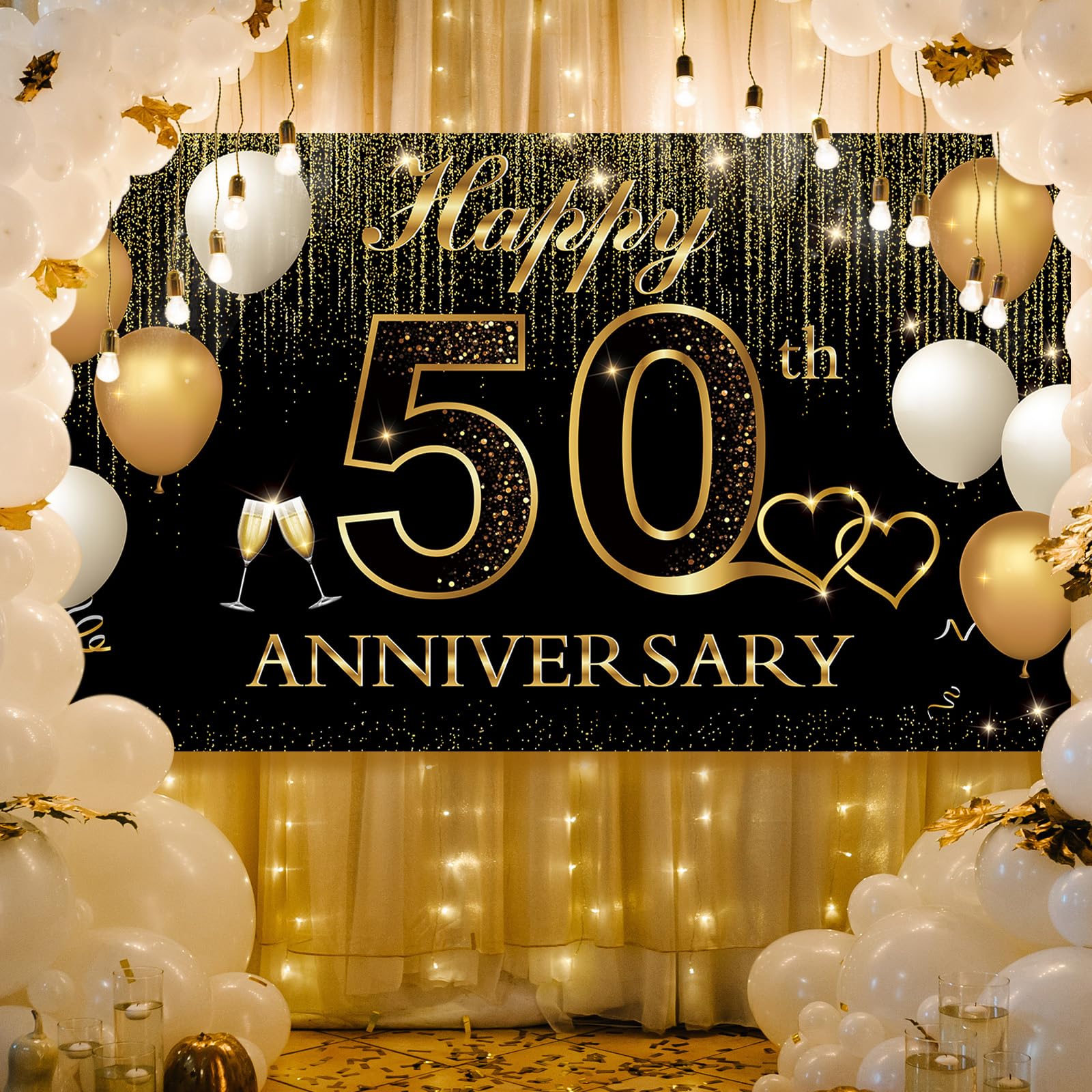 Htdzzi Golden 50Th Wedding Anniversary Decorations, Happy 50Th Anniversary Banner Backdrop, 50 Year Wedding Anniversary Party De
