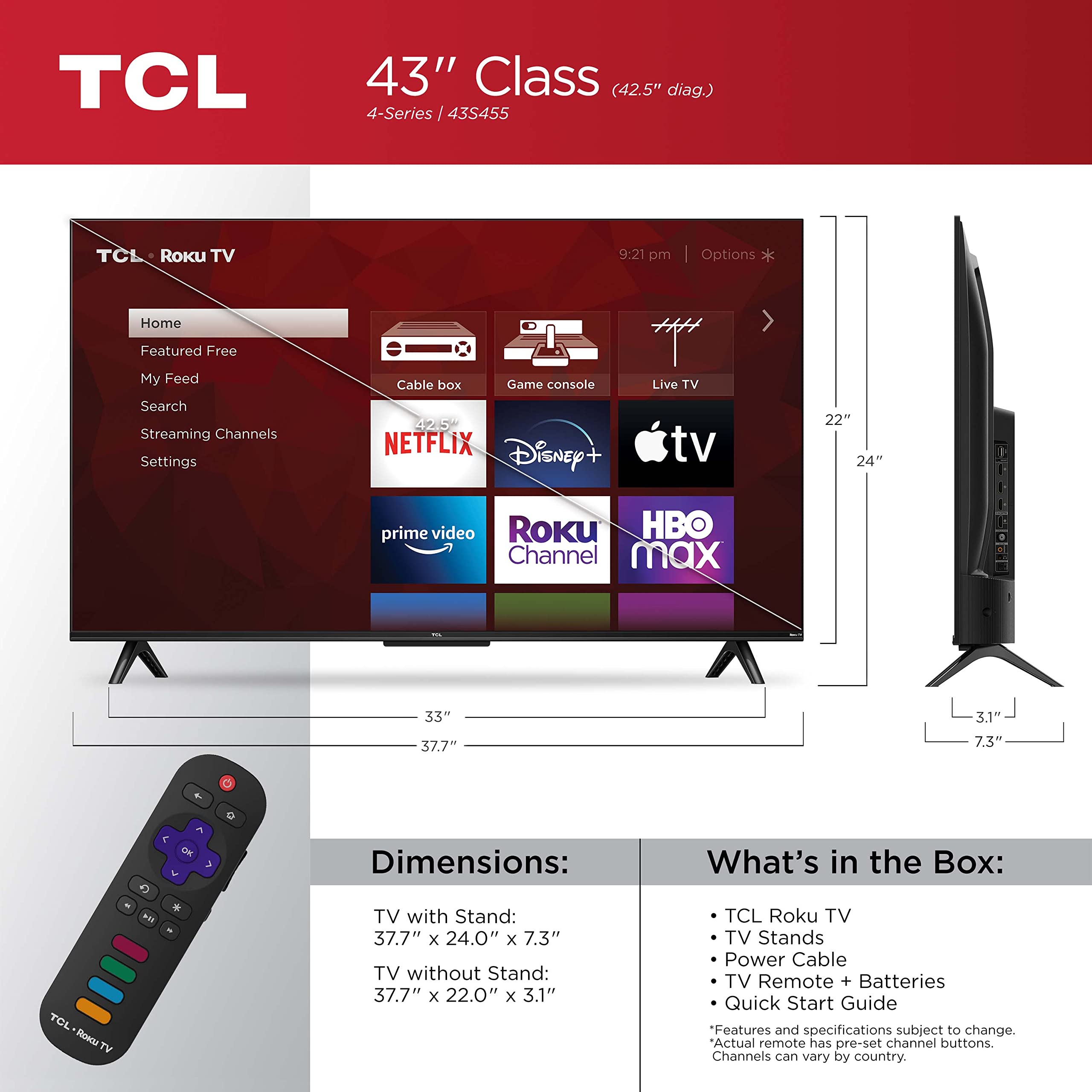 Tcl 43'' Class 4 Series 4K Uhd Hdr Smart Roku Tv   43S455, Black