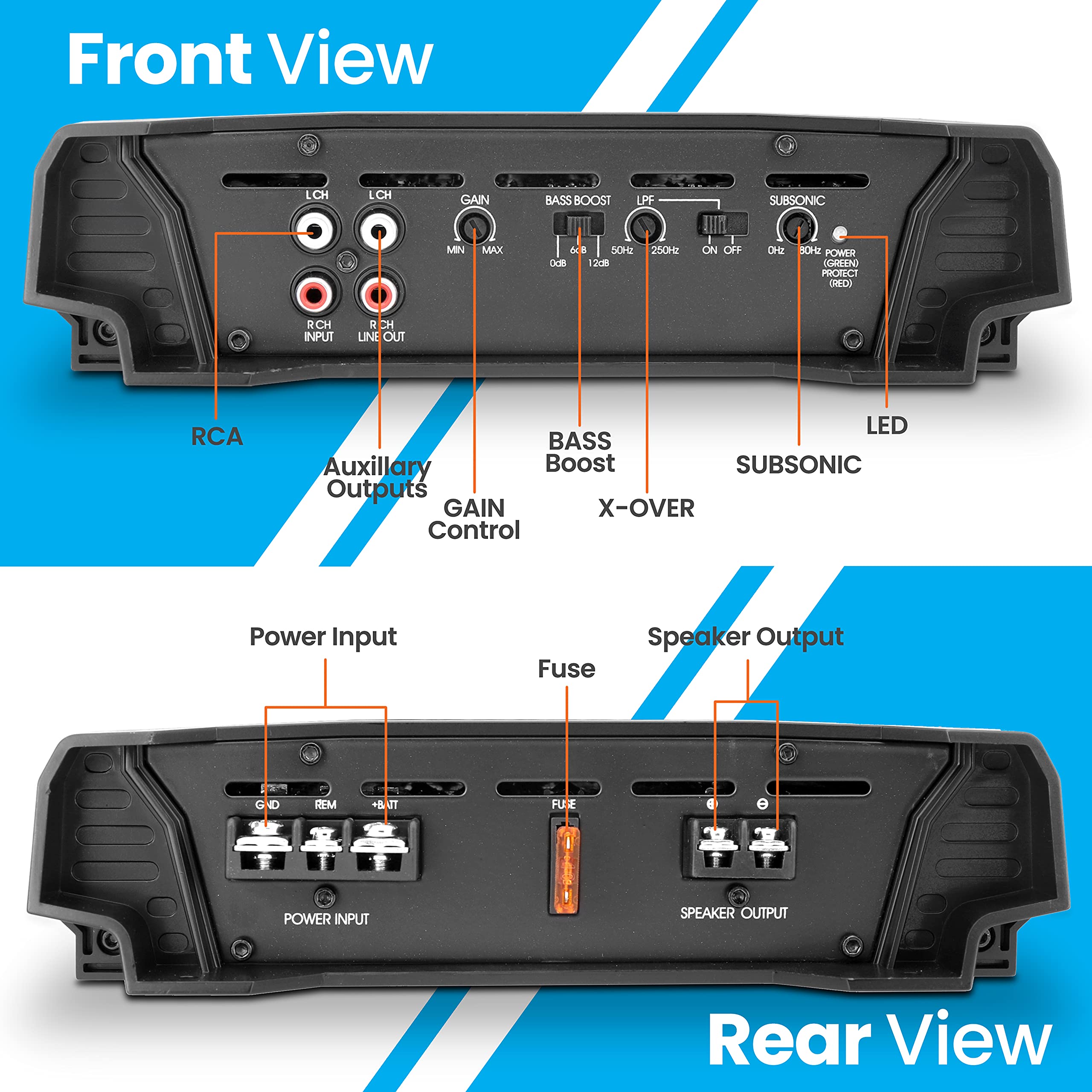 Lanzar HTG157 3000W Monoblock Car Audio Amplifier, 2 Ohm, Black, Bass Boost, RCA Input