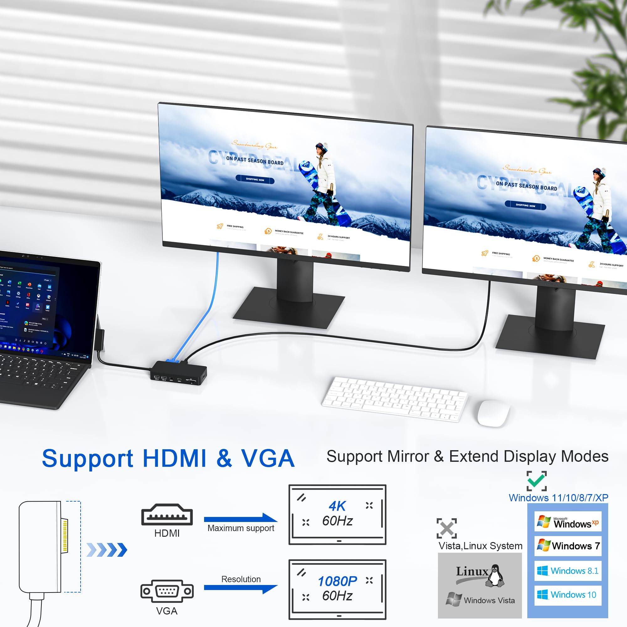 New Microsoft Surface Dock Triple Display Dual 4K@60Hz Hdmi+Vga, 11 In 1 Surface Docking Station For Surface Pro 10/9/X/8/7/6/5/