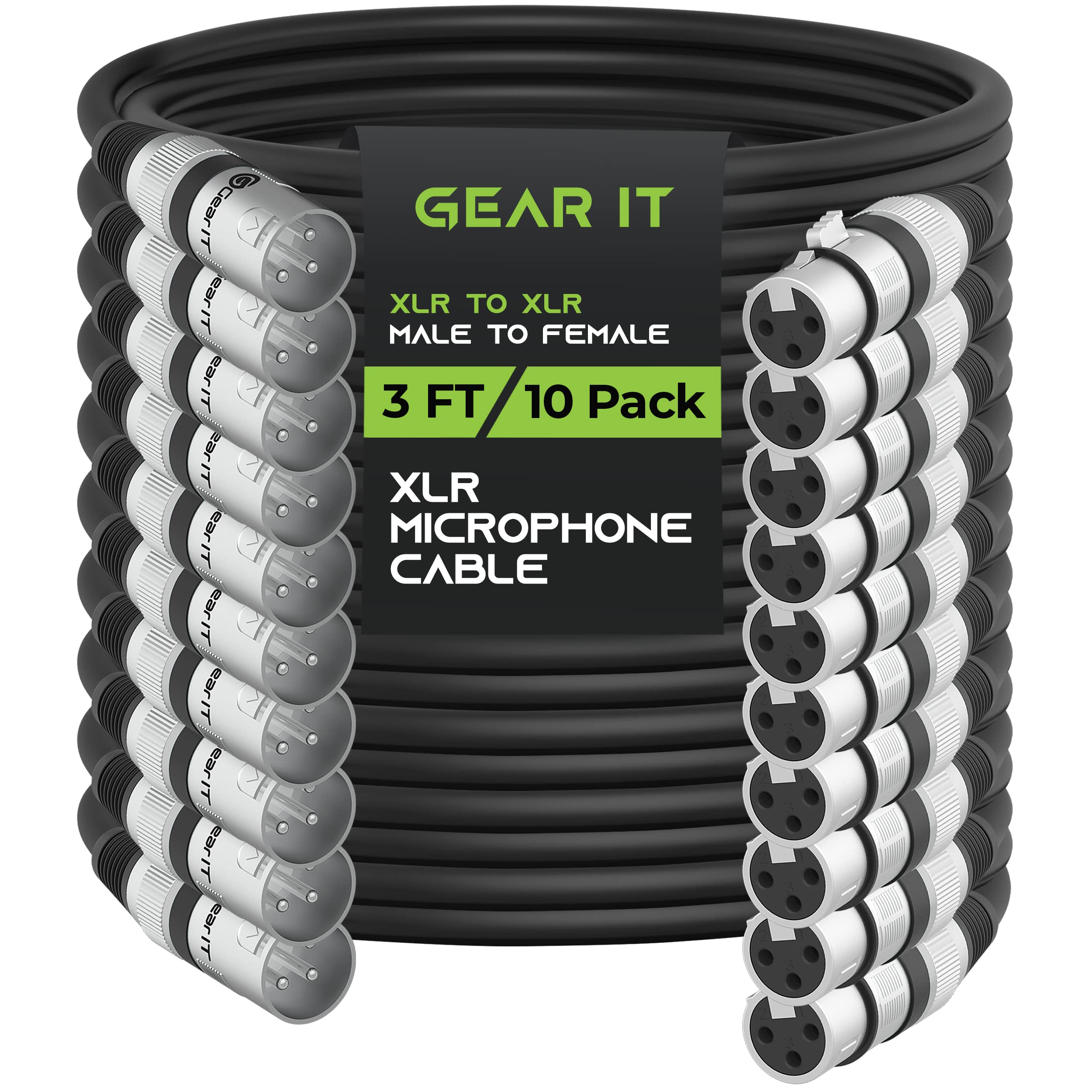 GearIT XLR to XLR Microphone Cable (3 Feet, 10Pack) XLR Male to Female Mic Cable 3Pin Balanced Shielded XLR Cable for Mic Mixe