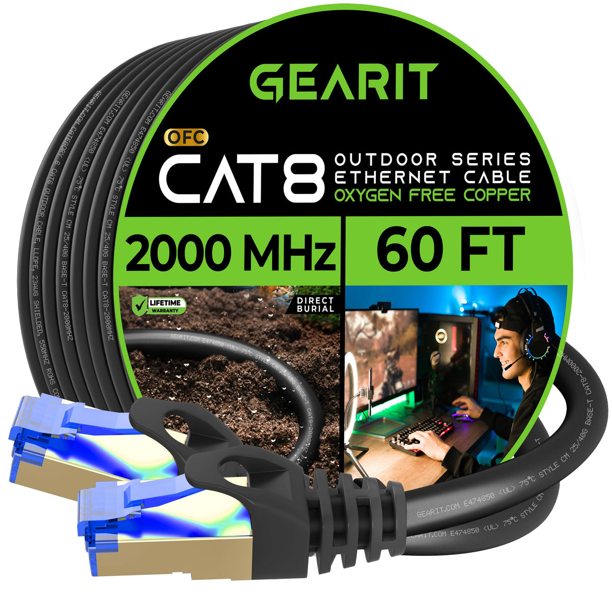 Gearit Cat8 Outdoor Ethernet Cable (60 Feet) Waterproof, Direct Burial, In Ground, Lldpe Uv Jacket, Pure Copper, 26Awg, 40Gbps 2