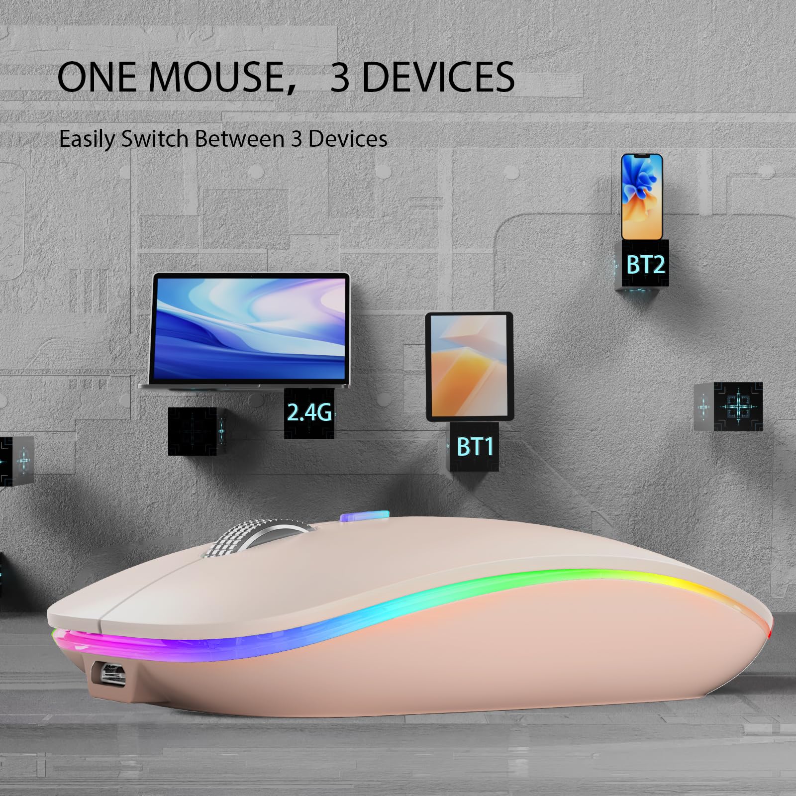 Tenmos Wireless Bluetooth Mouse, Led Slim (Bluetooth 5.1 + Usb) 2.4Ghz Rechargeable Silent Bluetooth Wireless Mouse With Type C Adapter For Laptop/Macbook/Ipad Os 13 And Above   Light Pink