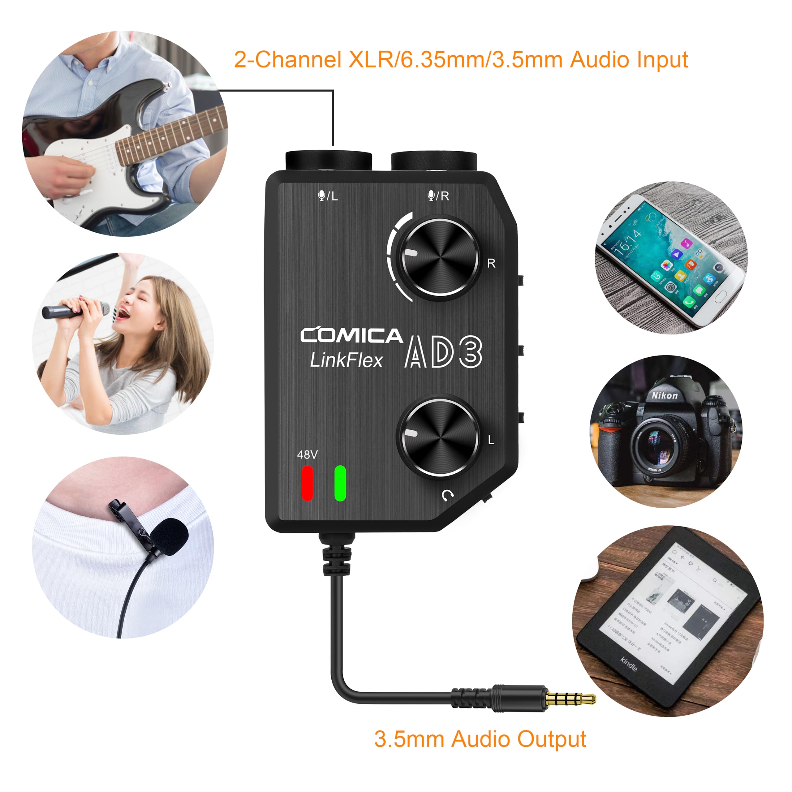 Comica Linkflex.Ad3 2-Channel Xlr/3.5Mm/6.35Mm Microphone Audio Mixer Preamp With Phantom Power, Guitar Audio Interface Micropho