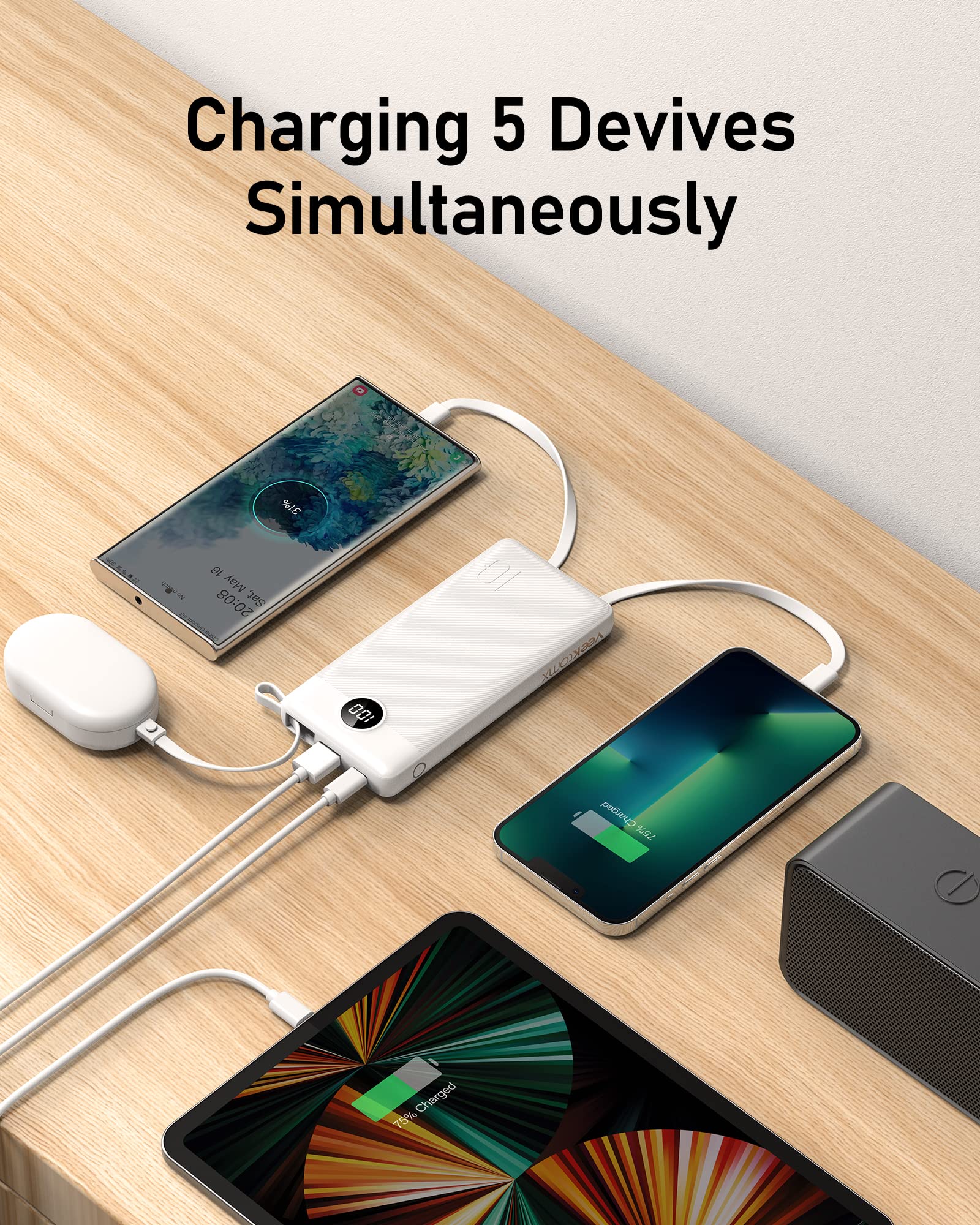 Veektomx Portable Charger With Built In Cables 10000Mah, Usb C Power Bank With 5 Outputs And Led Display, Small & Slim Battery P