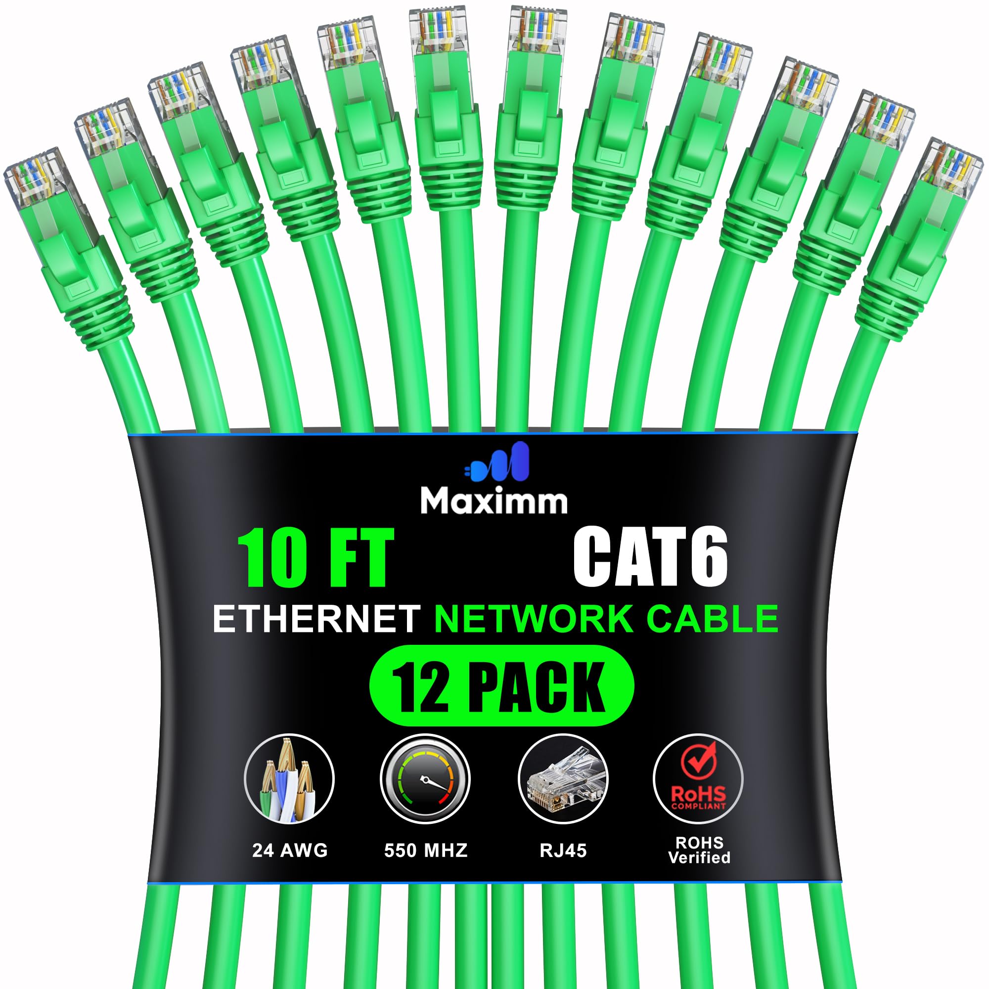 Maximm Cat 6 Ethernet Cable 10 Ft (12 Pack)   High Speed Lan Cable, Internet Cable, Patch Cable, And Network Cable   Utp, 10Gbps, 550Mhz Ethernet Cord   Green