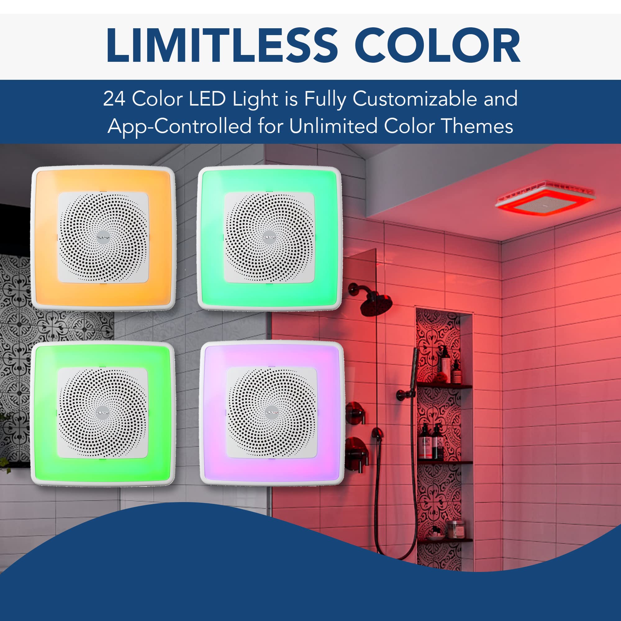Broan Nutone Spk110Rgbl Chromacomfort Bathroom Exhaust Fan With Sensonic Bluetooth Speaker And Led Light, White