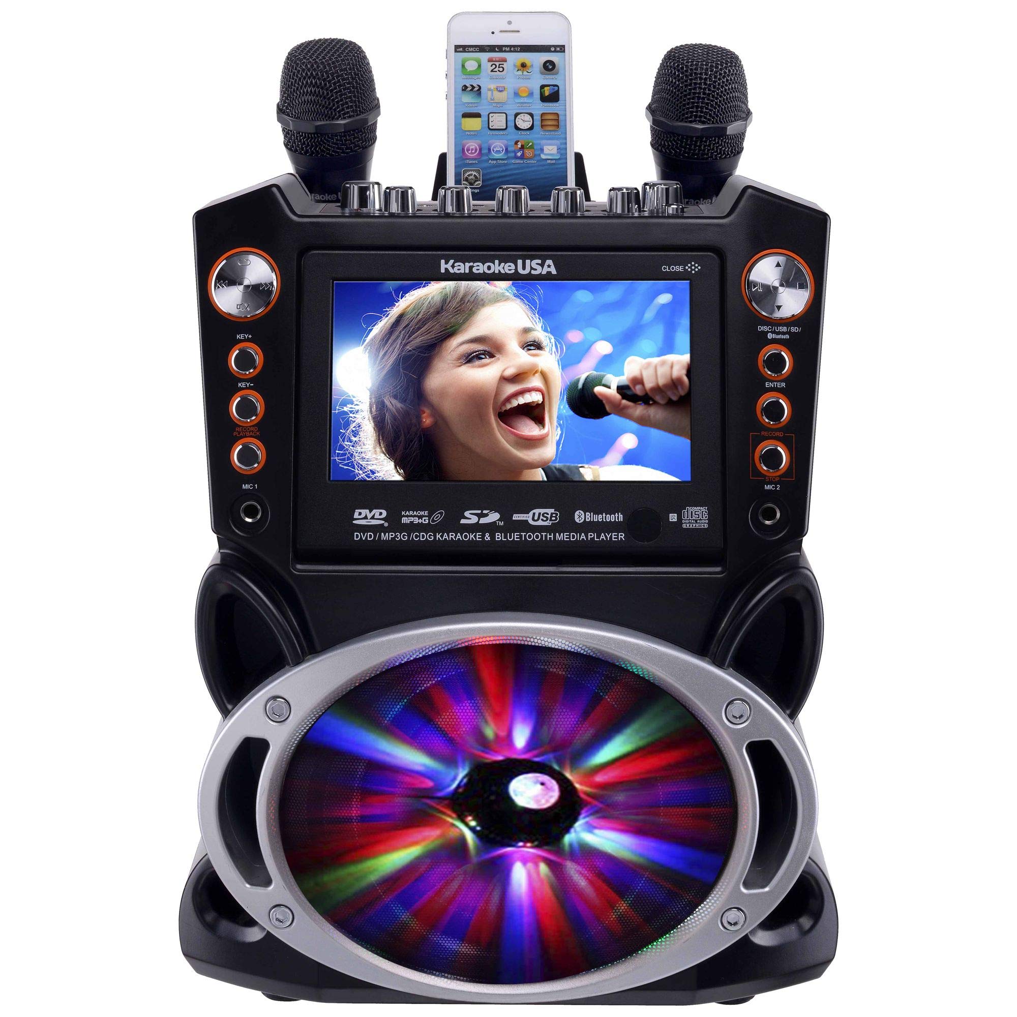 Karaoke Usa Gf845 Complete Karaoke System With 2 Microphones, Remote Control, 7    Color Display, Led Lights   Works With Dvd, B