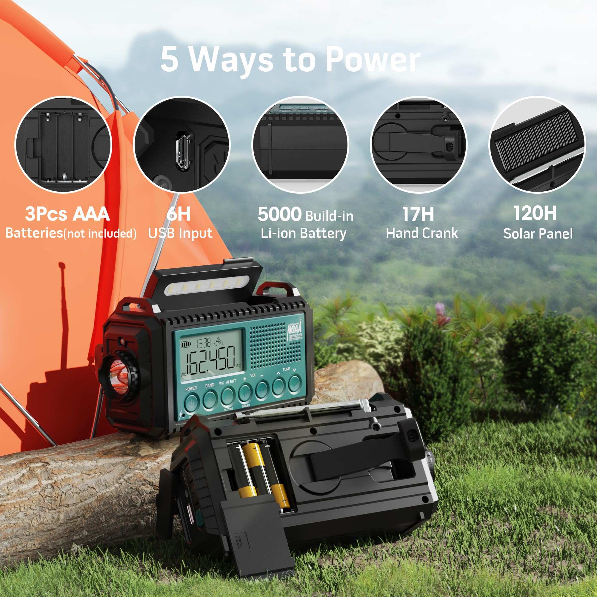 Noaa Emergency Weather Alert Radio, 5000 Large Capacity Hand Crank Solar Powered Am/Fm/Shortwave Radio For Home, Portable Led Ca