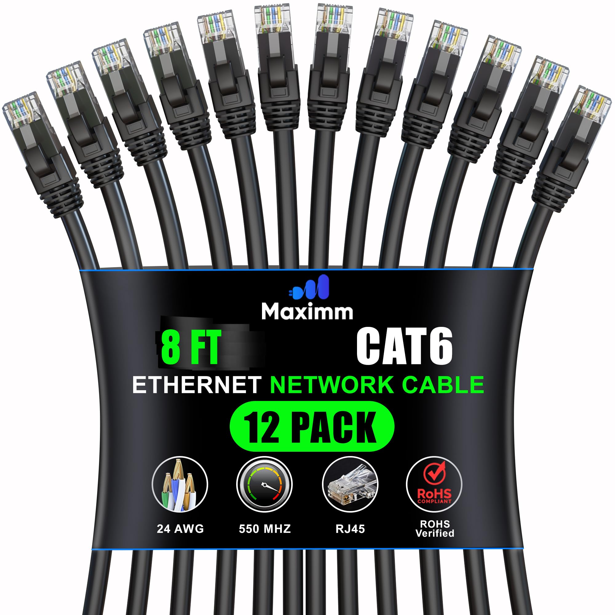 Maximm Cat 6 Ethernet Cable 8 Ft (12 Pack)   High Speed Lan Cable, Internet Cable, Patch Cable, And Network Cable   Utp, 10Gbps,