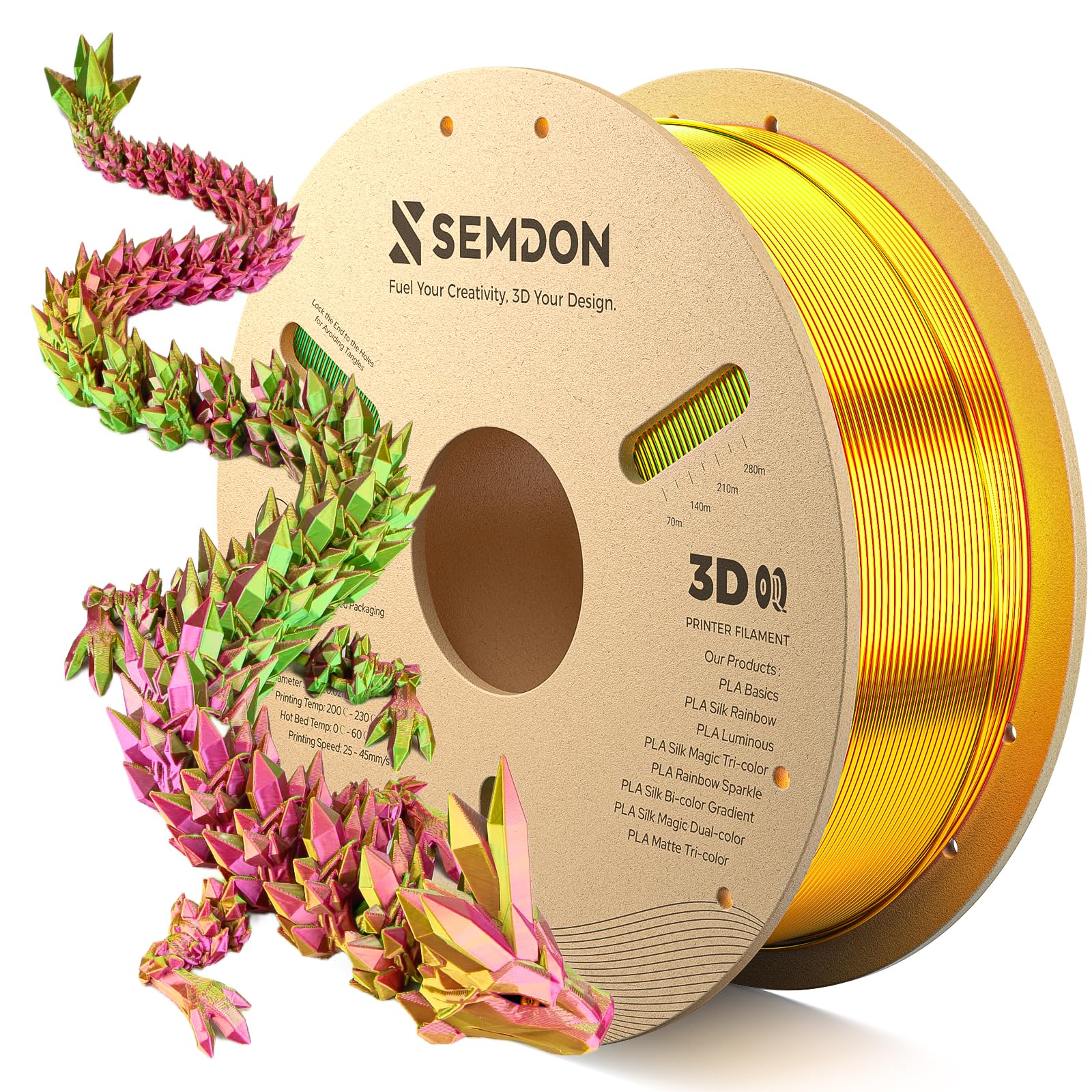 Semdon PLA Silk Tri-Color Gradient Filament 1.75mm | Tropical Sunset Gradient (Rosered/Yellow/Green), 0.02mm, Low Warping | Ende