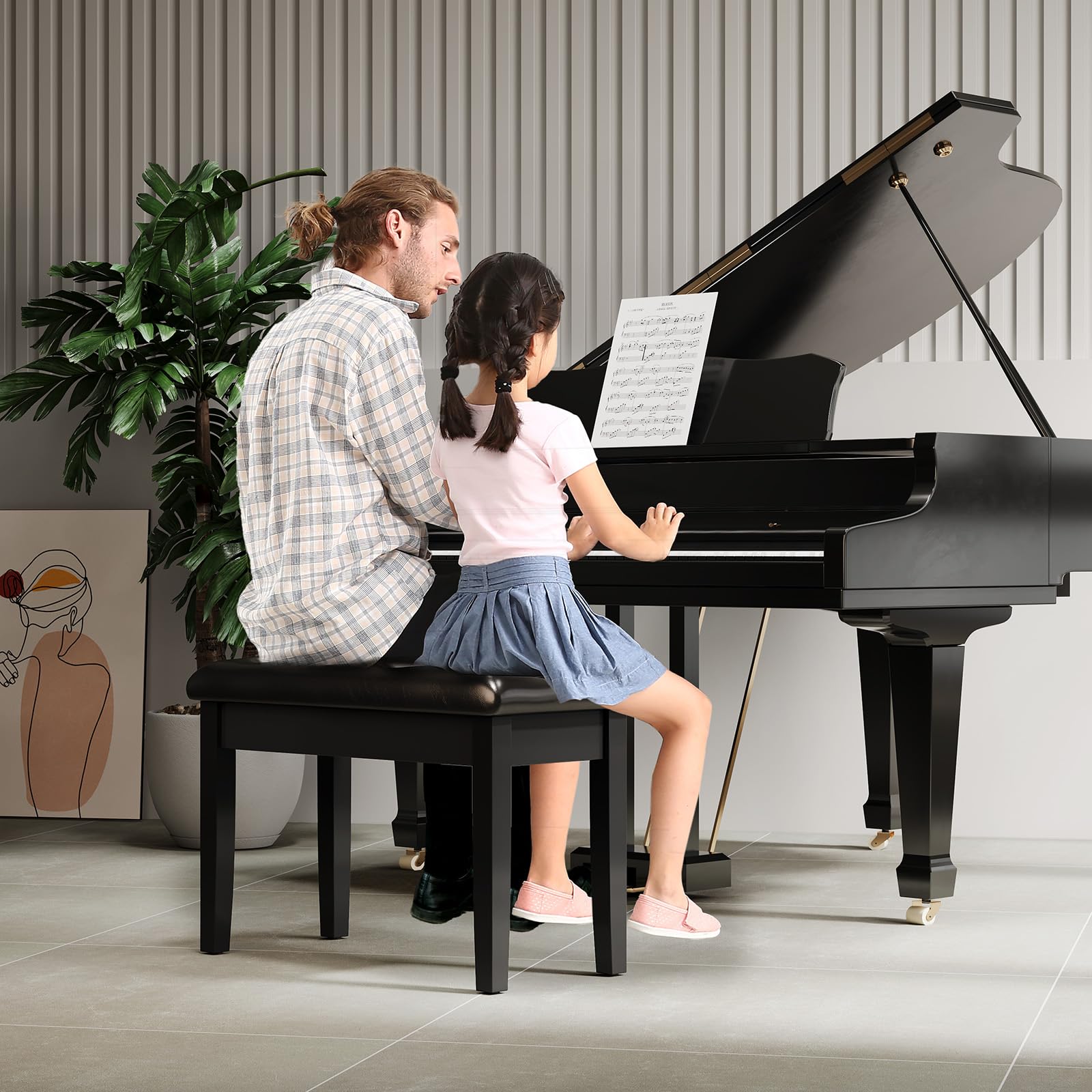 Liferun Black Wooden Duet Piano Bench With Storage, Padded Faux Leather Cushion Seat Piano Stool, Storage Compartment For Music