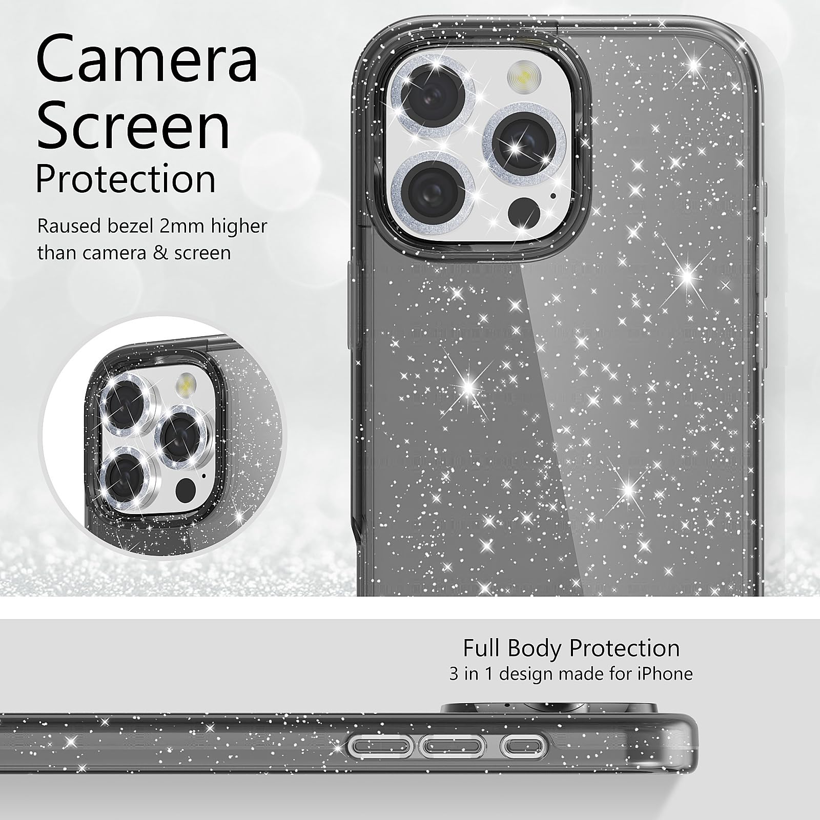 Jasmeas For Iphone 16 Pro Case Clear Glitter, With [2 Pack] Screen Protector & [3 Pack] Camera Lens Protector Sparkle Pc Hard So
