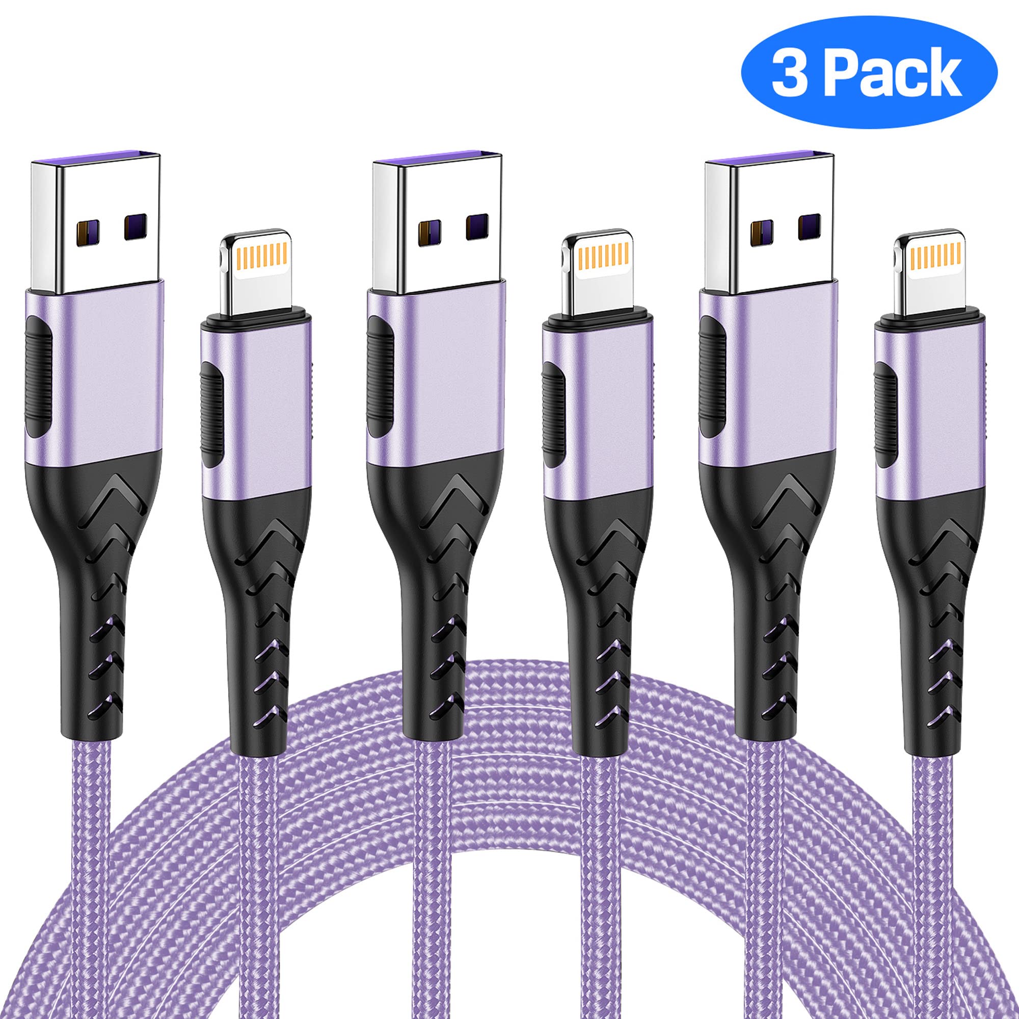 Durcord Iphone Charger, [Apple Mfi Certified] 3Pack 10Ft Usb A Cable For Long Lightning Charger Cable, Fast Iphone Charging Cord For Iphone Xs Max/Xs/Xr/X/8/7/6S/6/Plus/Se/Ipad(Light Purple)