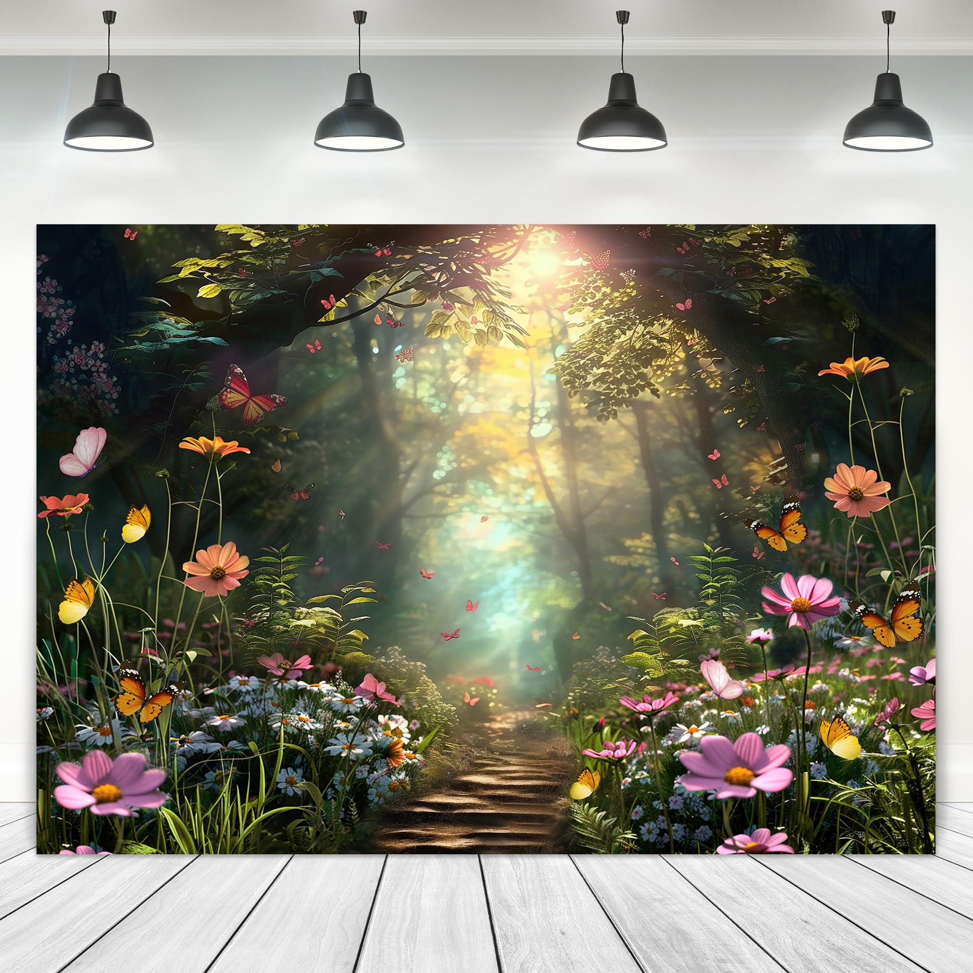 Ufeela Enchanted Fairy Garden Backdrop Woodland Wonderland Spring Daisy Flower Green Butterfly 7Wx5H Feet Fabric Polyester Birth