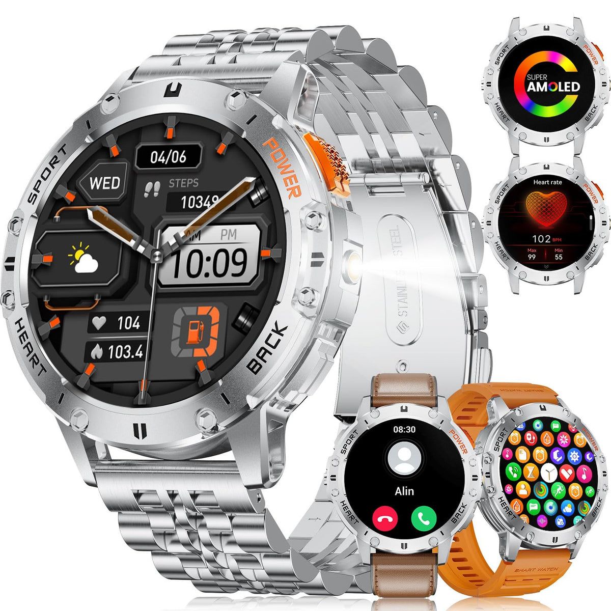 Esfoe Smart Watches For Men(3 Straps),1,43 ' ' Amoled Military Smart Watch For Men With Led Flashlight/530Mah Large Battery/5Atm