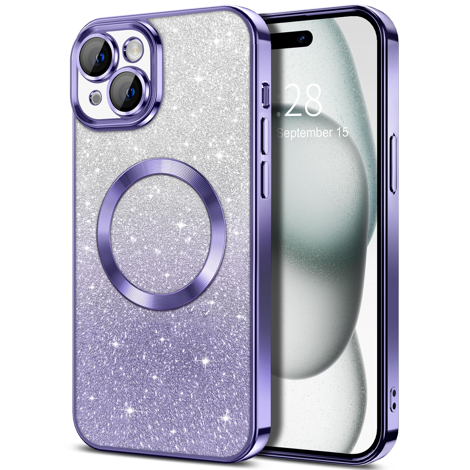 Hython For Iphone 15 Plus Case Clear Magnetic Glitter Phone Cases [Compatible With Magsafe] Full Camera Lens Protector Slim Grad