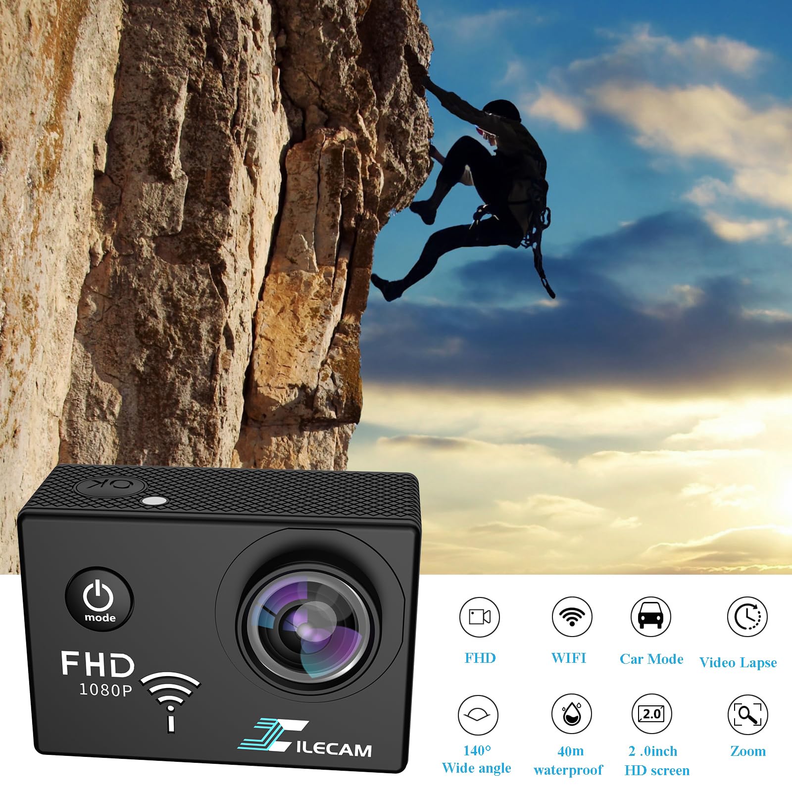 Xilecam Action Camera 1080P Wifi Sports Camera 4Xzoom Action Camera 40M/131Ft Underwater Waterproof With 2 X1050 Mah Batteries A