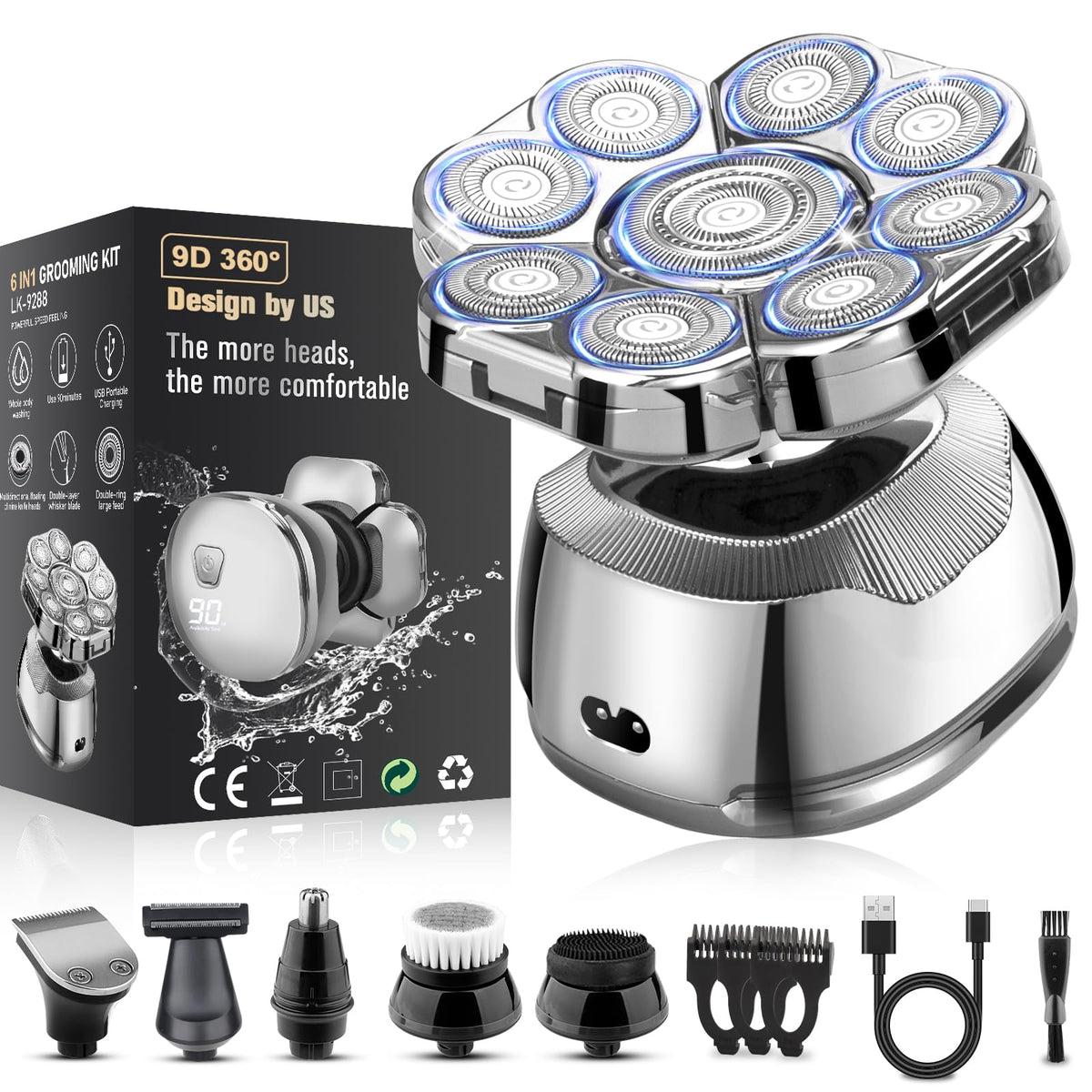 9D Head Shavers For Bald Men, Upgrade 6 In 1 Electric Bald Head Shavers For Men, Wet/Dry Shaver,Led Display,Travel Lock,Electric
