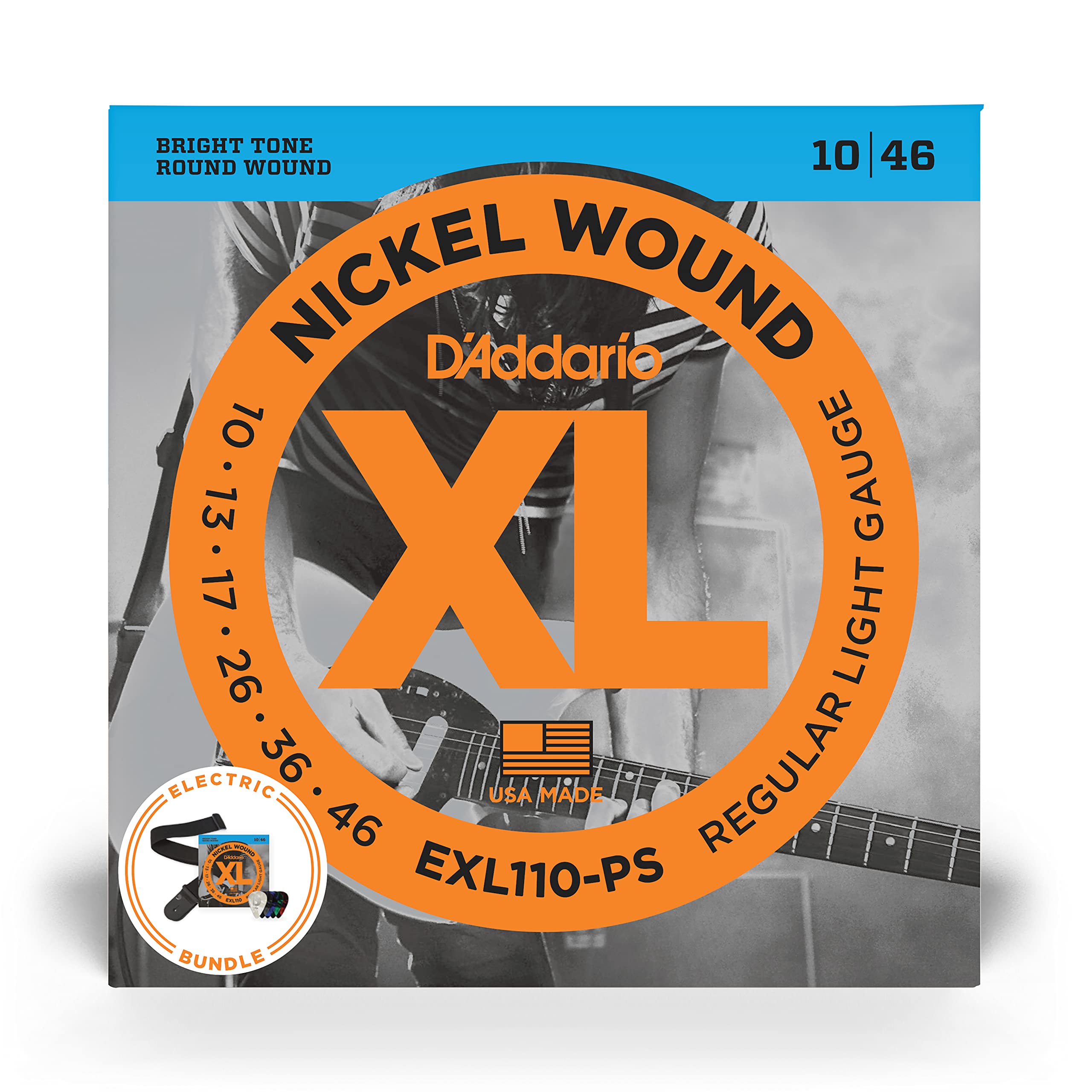 Daddario Electric Guitar Strings, Picks, Strap Beginner Kit - Exl110 Xl Nickel Wound Electric Strings, 10-46 Light - Poly Pro G