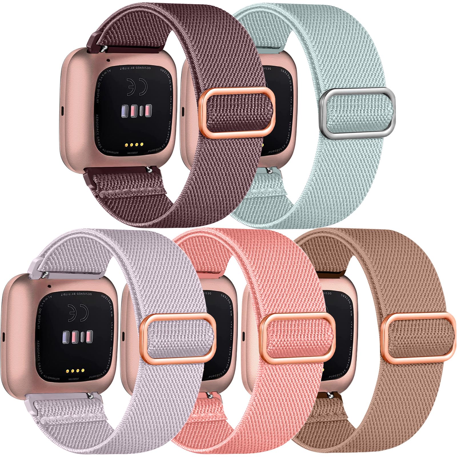 Chinber 5 Pack Bands Compatible With Fitbit Versa 2/6 Bands, Soft Adjustable Nylon Sport Band For Fitbit Versa Smart Watch Women
