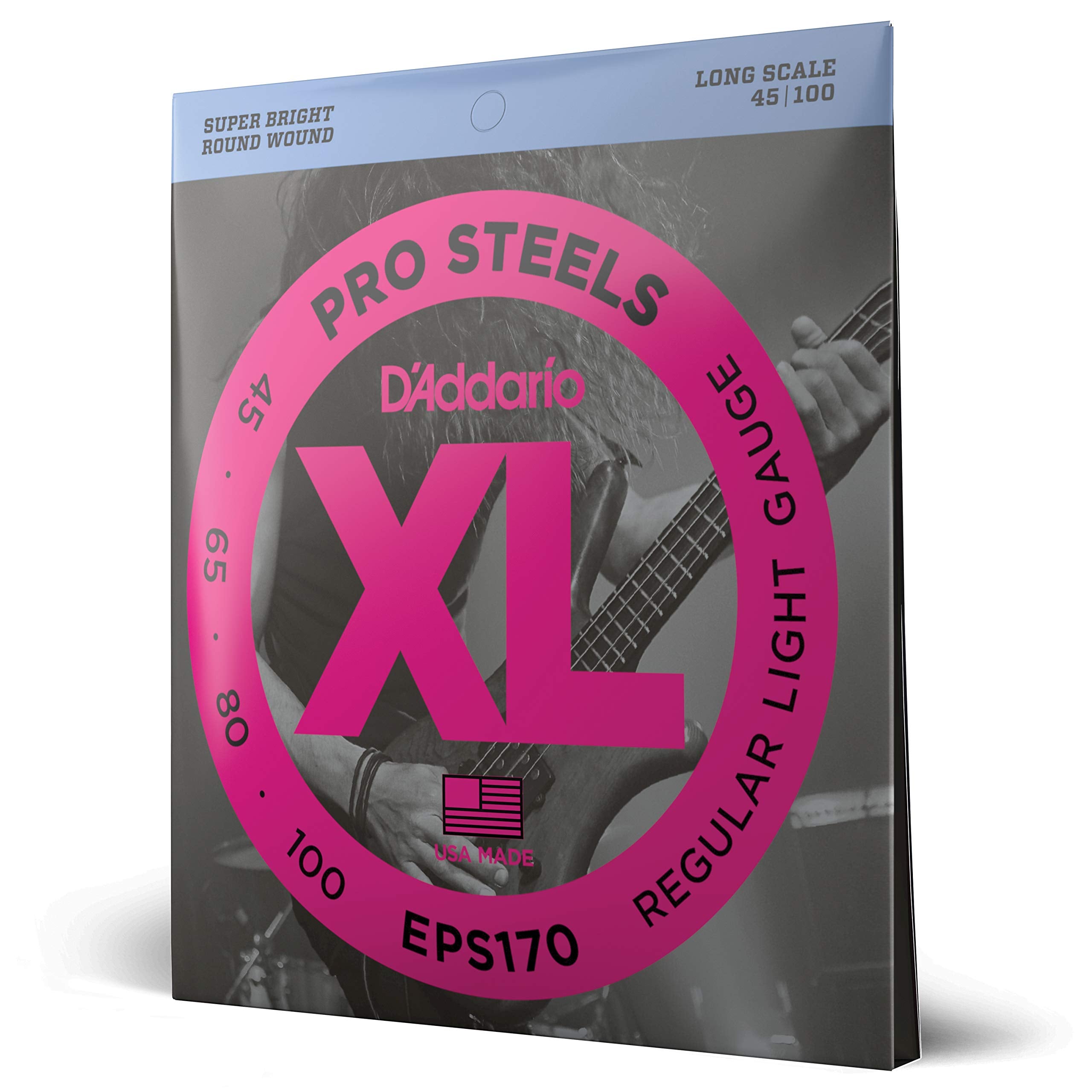 D'Addario Bass Guitar Strings, Xl Pro Steels, Eps170, Long Scale, Regular Light Gauge 45 100, 4 String Set, Pack Of 1