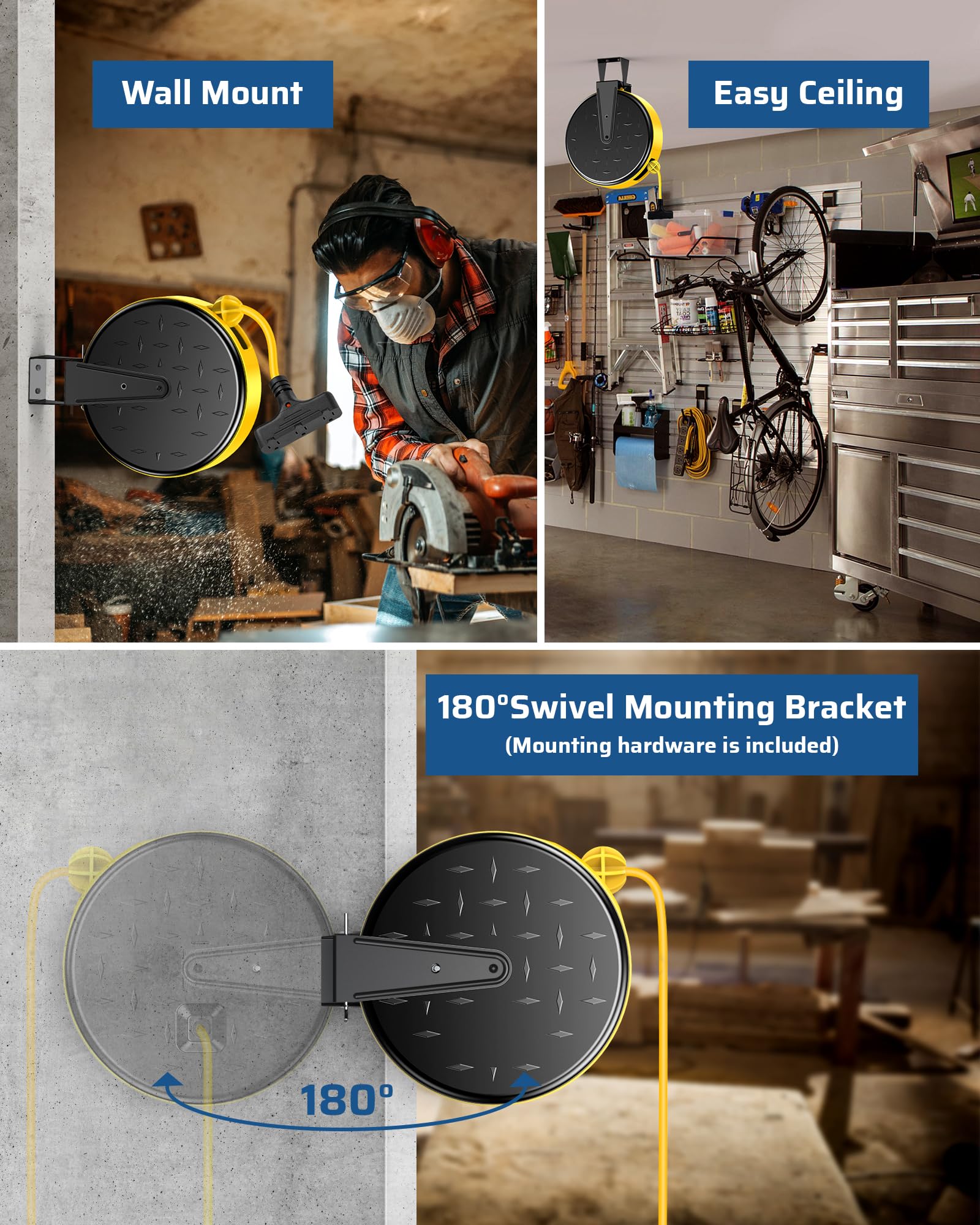 Dewenwils 30 Ft Retractable Extension Cord Reel, Ceiling/Wall Mount 16/3 Gauge Sjtw Power Cord With 3 Electrical Outlets Pigtail