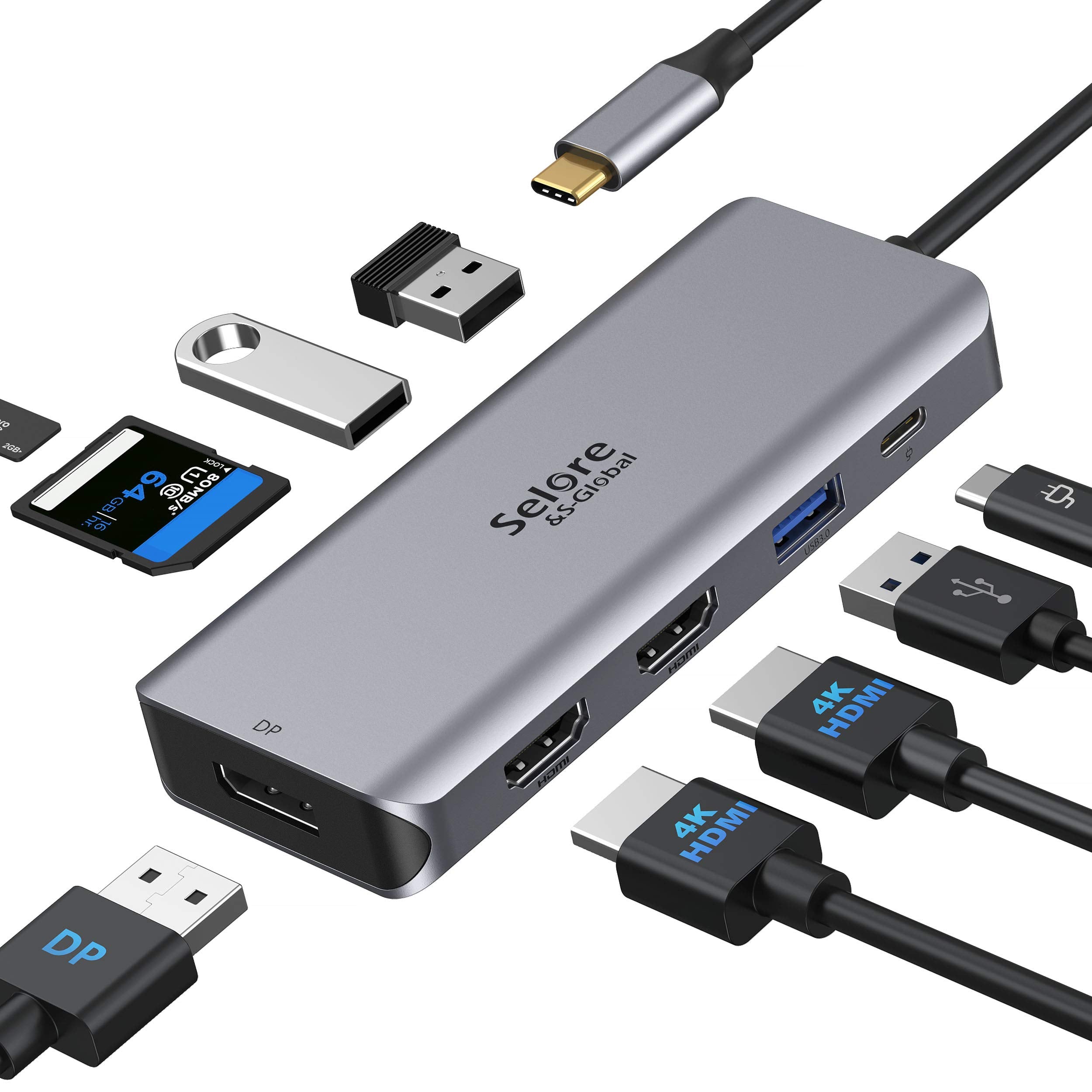 USB C Docking Station Dual Monitor, 9 in 1 USB C Triple Display Docking Station to Dual HDMI Adapter Displayport SD TF Card Read
