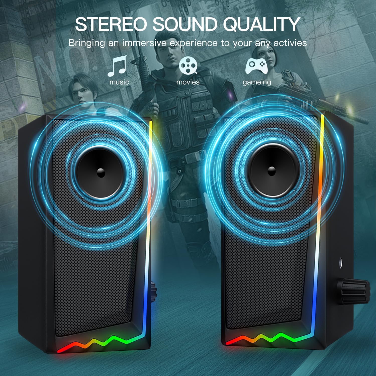 Computer Speakers With 3.5 Mm Aux,Desktop Speakers With Various Colorful Rgb Lights,Gaming Speakers With Volume Control,Computer