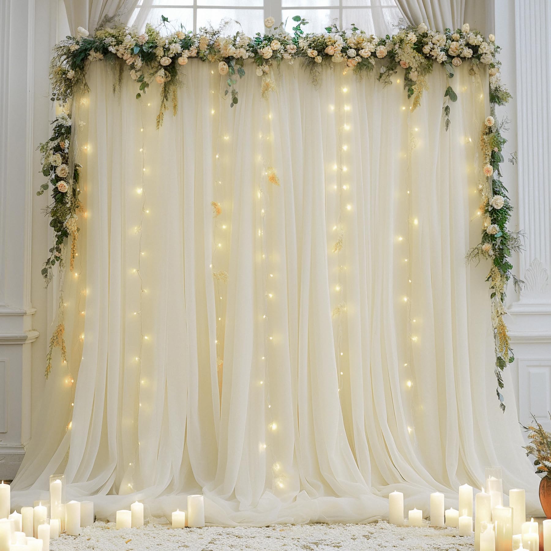 10  10Ft Cream White Tulle Backdrop Curtain With Lights String For Parites, Sheer Curtain Backdrop Drapes For Wedding Party Home