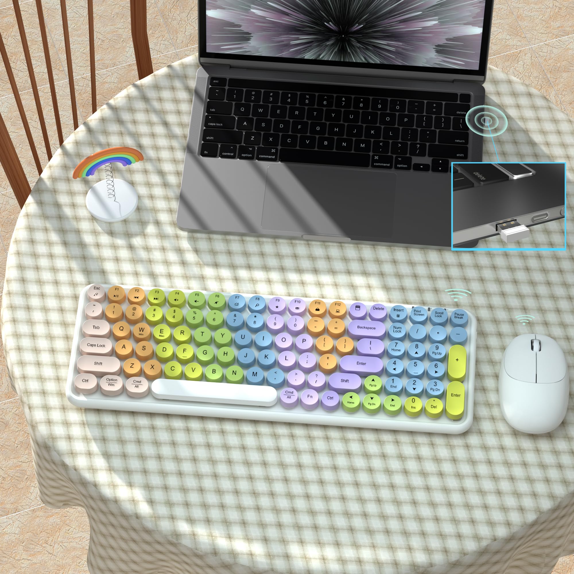 Links9+ Wireless Keyboard Mouse Combo Gradient Rainbow Colors 100 Keys 2.4GHz Optical White Colorful