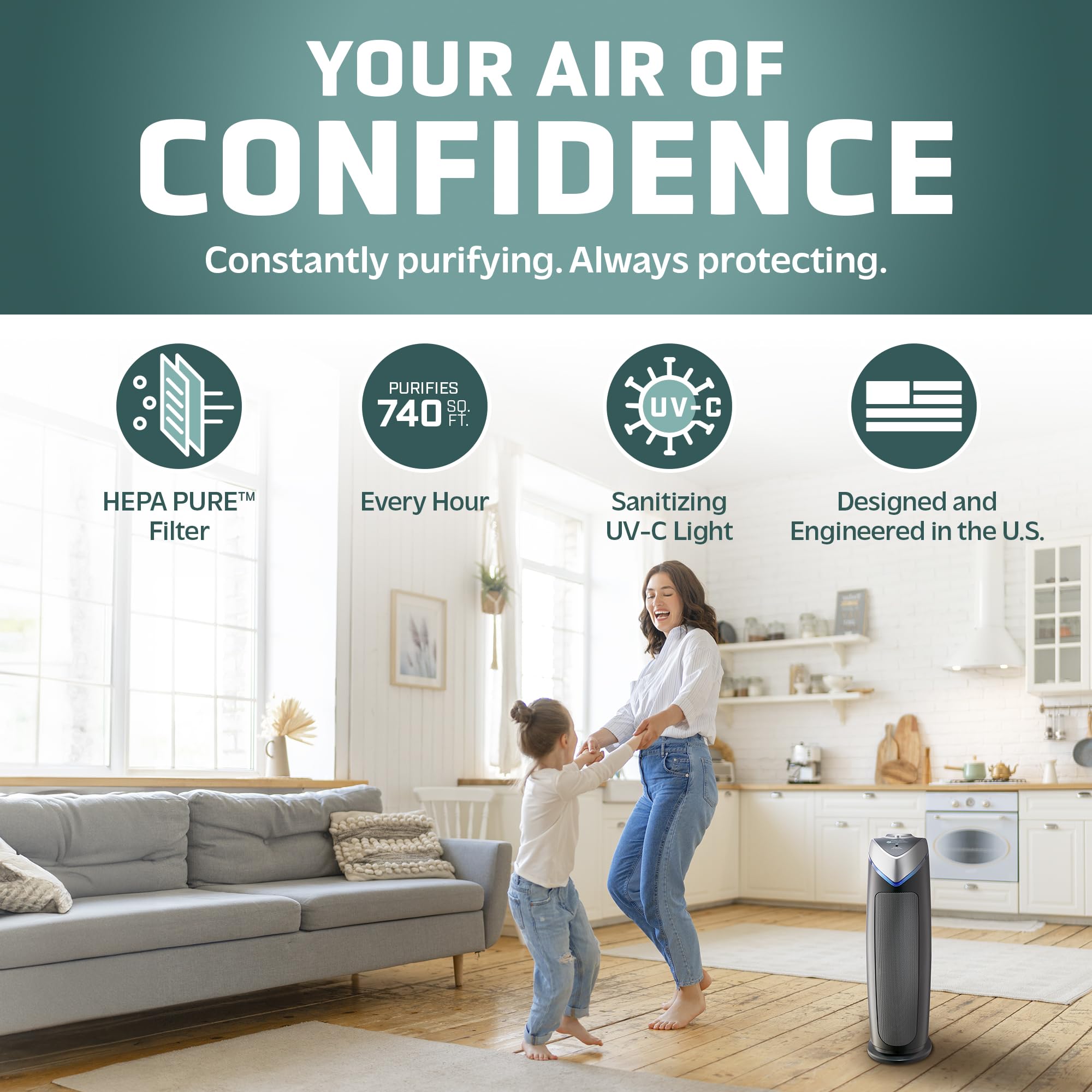 Germguardian Air Purifier With Hepa 13 Filter, Removes 99.97% Of Pollutants, Covers Large Room Up To 743 Sq. Foot Room In 1 Hr,